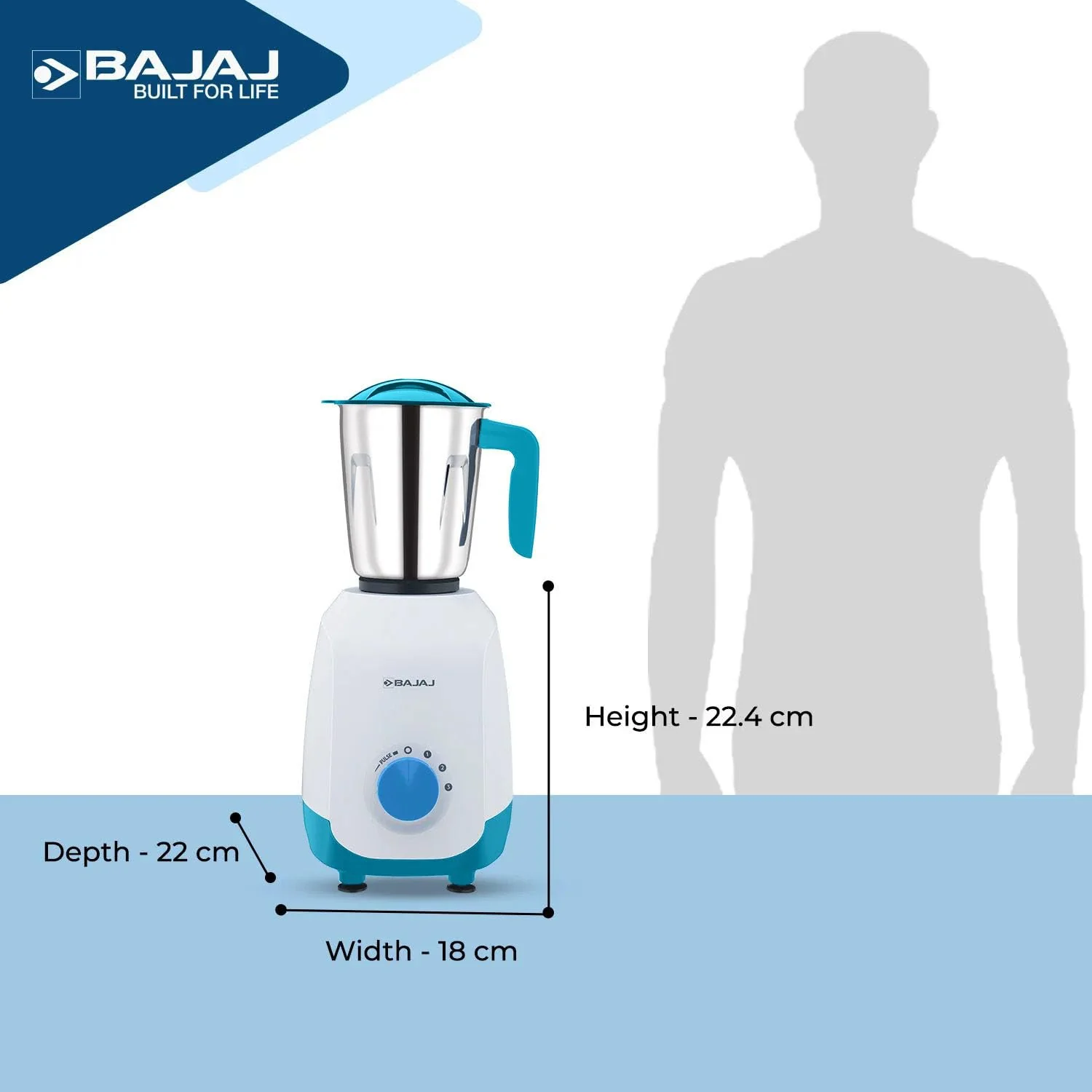 Bajaj Ninja Series NOTCH 500W Mixer Grinder (410651) with 3 Stainless Steel Jars | Titan Motor | Dura Cut Lifetime Blades | Radio Knob Control | 2-in-1 Function | French Blue | 2-Year Warranty - Image 2