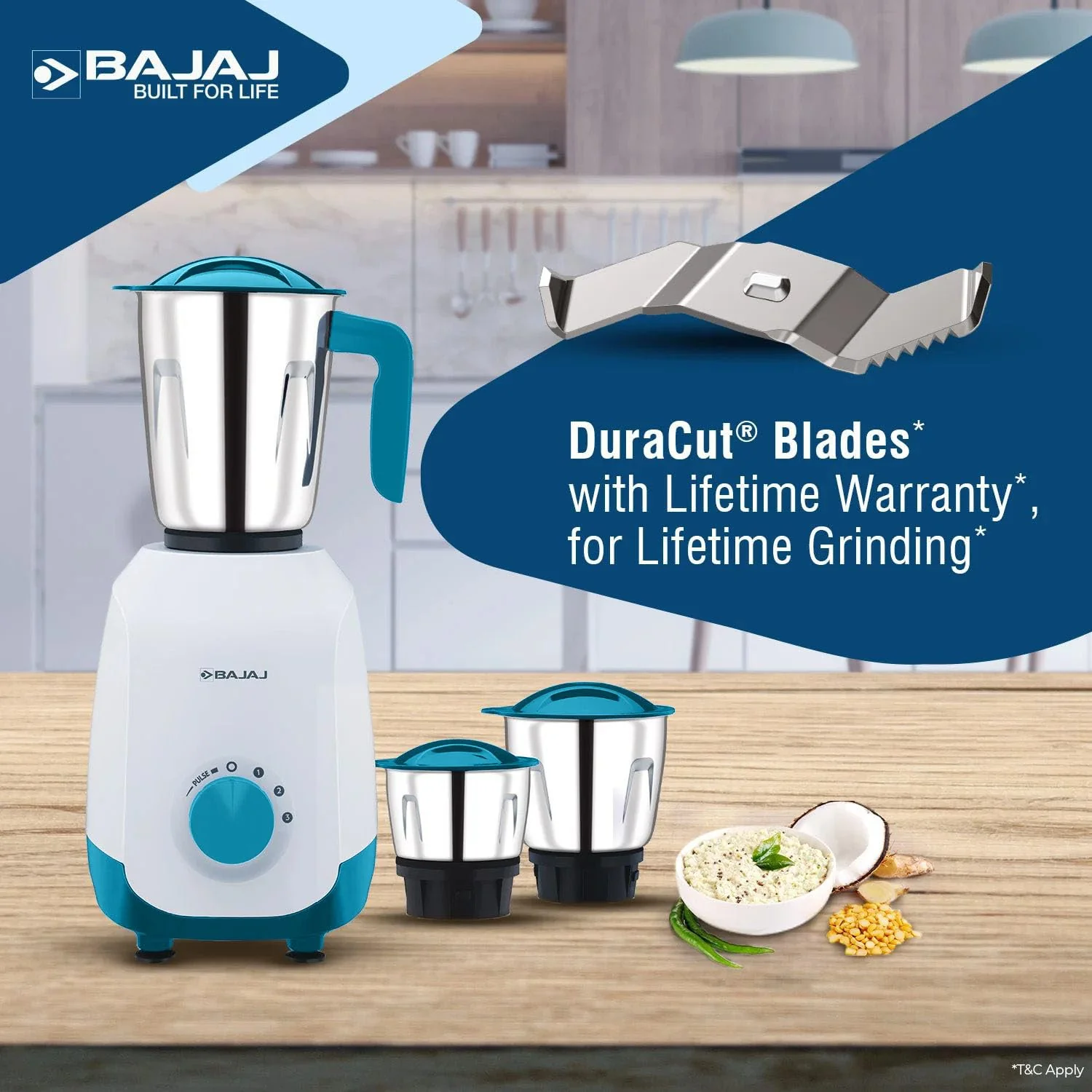 Bajaj Ninja Series NOTCH 500W Mixer Grinder (410651) with 3 Stainless Steel Jars | Titan Motor | Dura Cut Lifetime Blades | Radio Knob Control | 2-in-1 Function | French Blue | 2-Year Warranty - Image 3