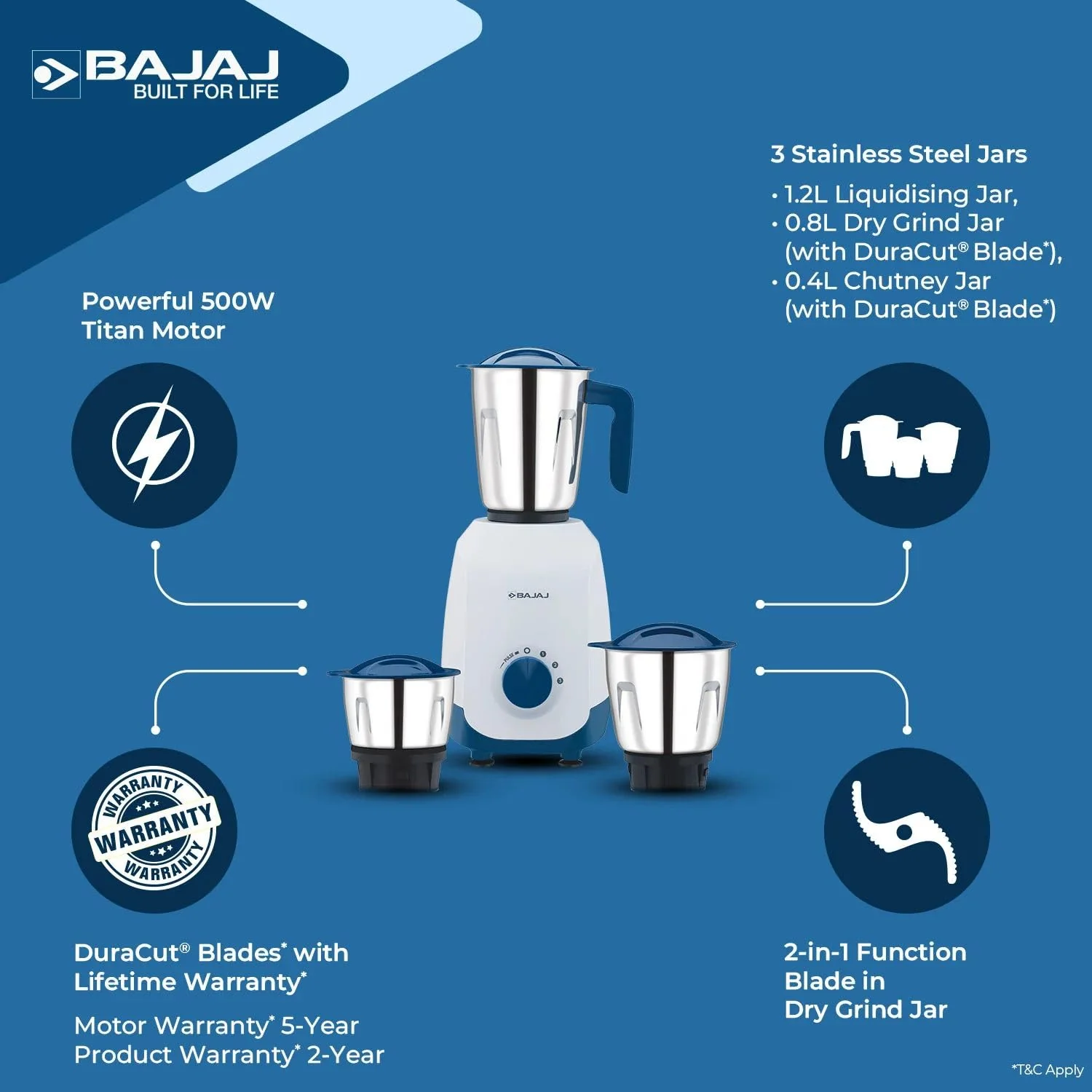 Bajaj Ninja Series NOTCH 500W Mixer Grinder (410651) with 3 Stainless Steel Jars | Titan Motor | Dura Cut Lifetime Blades | Radio Knob Control | 2-in-1 Function | French Blue | 2-Year Warranty - Image 4
