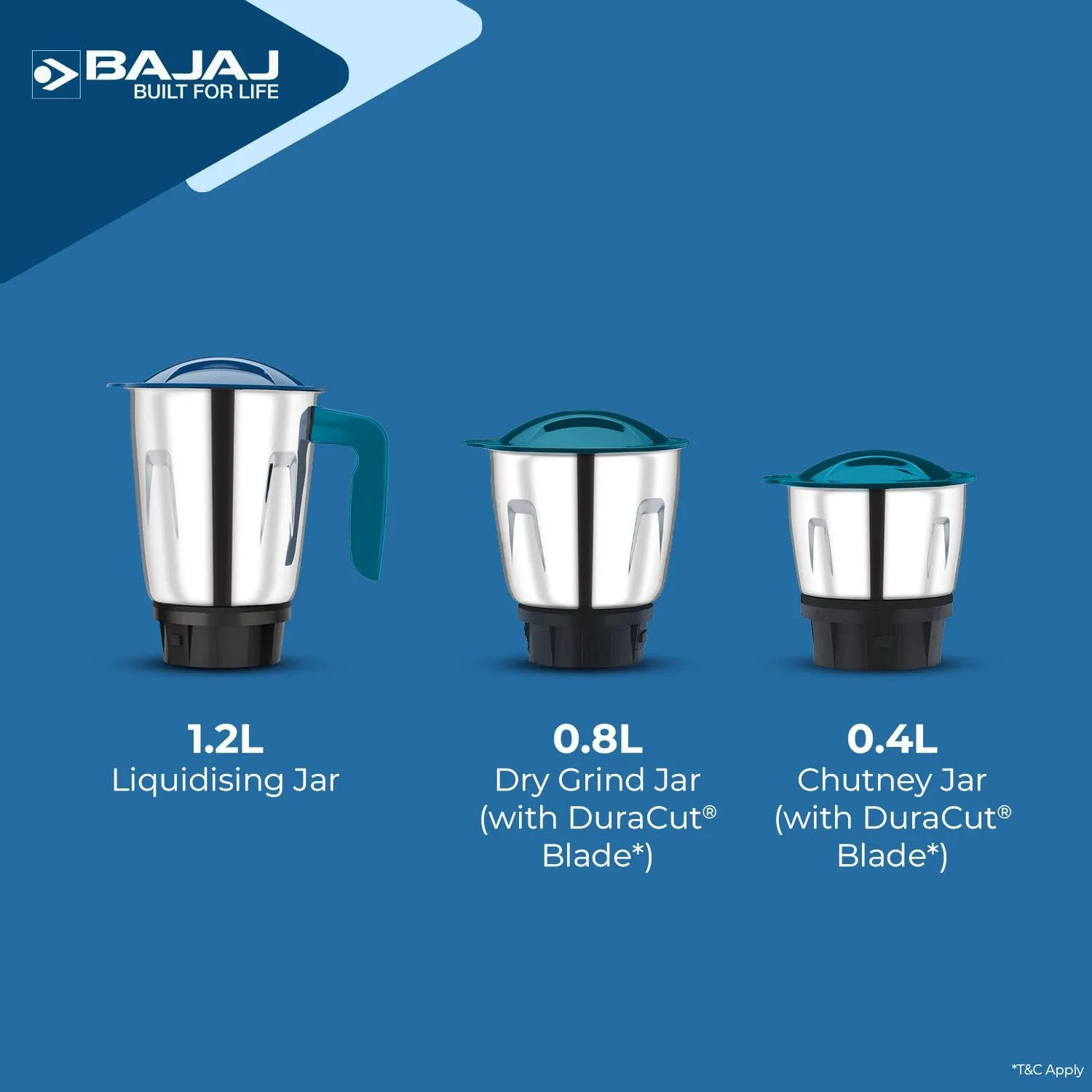 Bajaj Ninja Series NOTCH 500W Mixer Grinder (410651) with 3 Stainless Steel Jars | Titan Motor | Dura Cut Lifetime Blades | Radio Knob Control | 2-in-1 Function | French Blue | 2-Year Warranty - Image 5