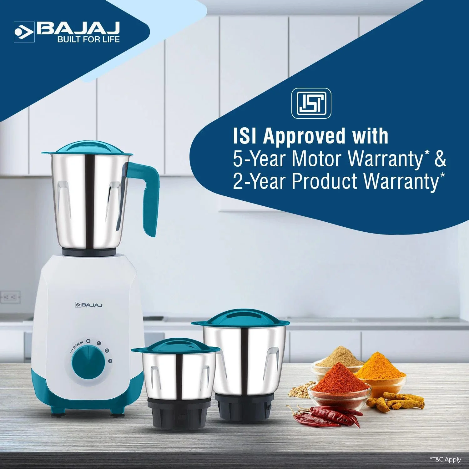 Bajaj Ninja Series NOTCH 500W Mixer Grinder (410651) with 3 Stainless Steel Jars | Titan Motor | Dura Cut Lifetime Blades | Radio Knob Control | 2-in-1 Function | French Blue | 2-Year Warranty - Image 6