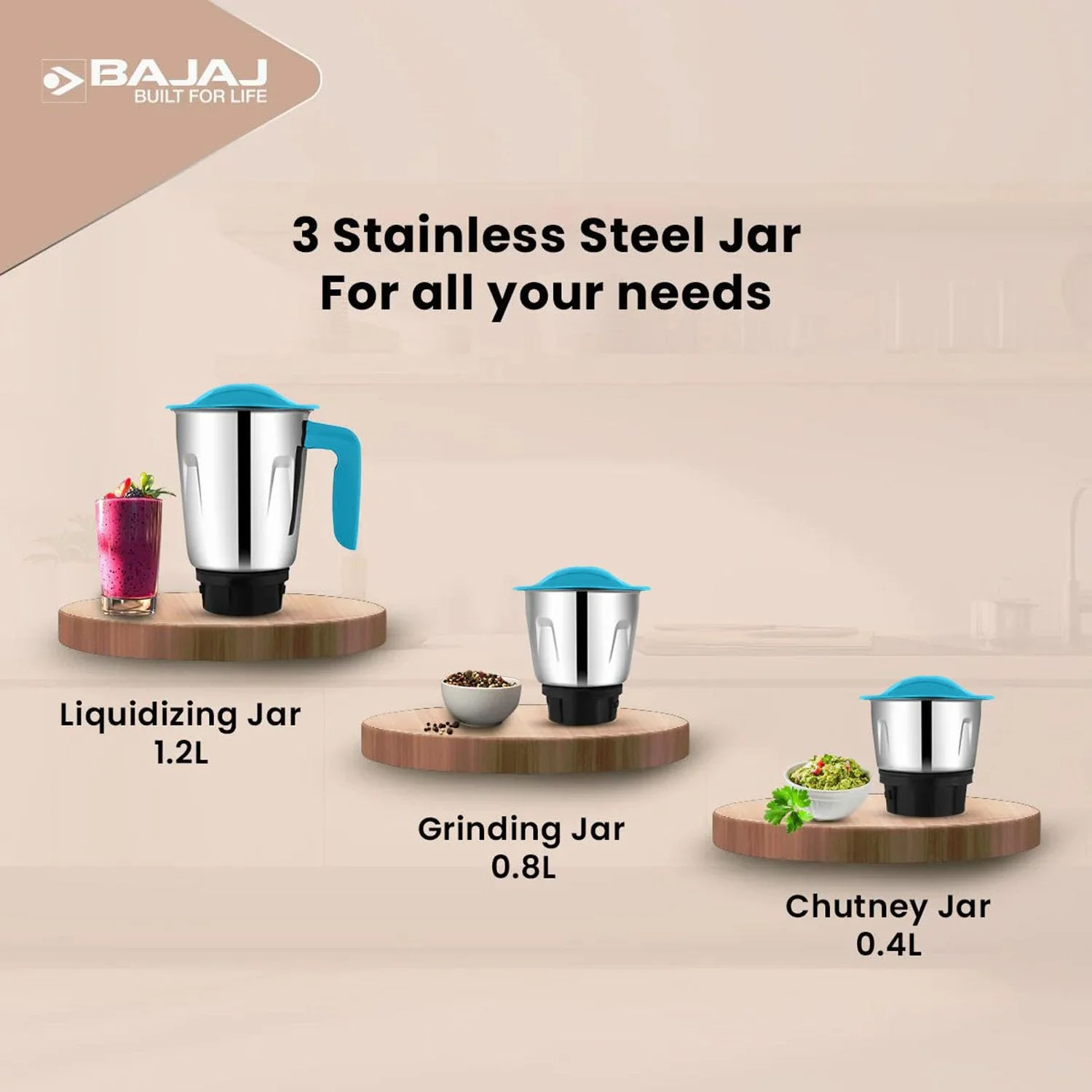 Bajaj Ninja Series NOTCH 500W Mixer Grinder (410651) with 3 Stainless Steel Jars | Titan Motor | Dura Cut Lifetime Blades | Radio Knob Control | 2-in-1 Function | French Blue | 2-Year Warranty - Image 7