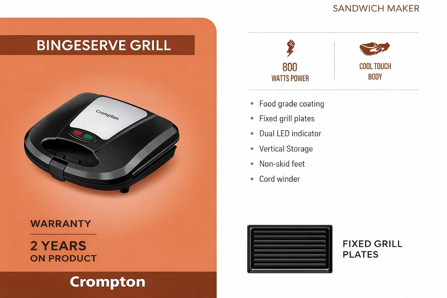 Bingeserve 800 Watts Grill Sandwich Maker | Fixed Grill Plates | Cool Touch Body | Non-Stick Food Grade Coating | Dual LED Indicator | 2 Years Warranty (Black) (BINGESERVE GRILL) - Image 3