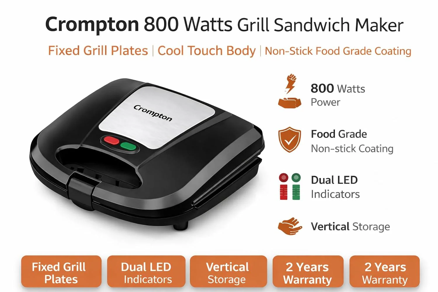 Bingeserve 800 Watts Grill Sandwich Maker | Fixed Grill Plates | Cool Touch Body | Non-Stick Food Grade Coating | Dual LED Indicator | 2 Years Warranty (Black) (BINGESERVE GRILL) - Image 4