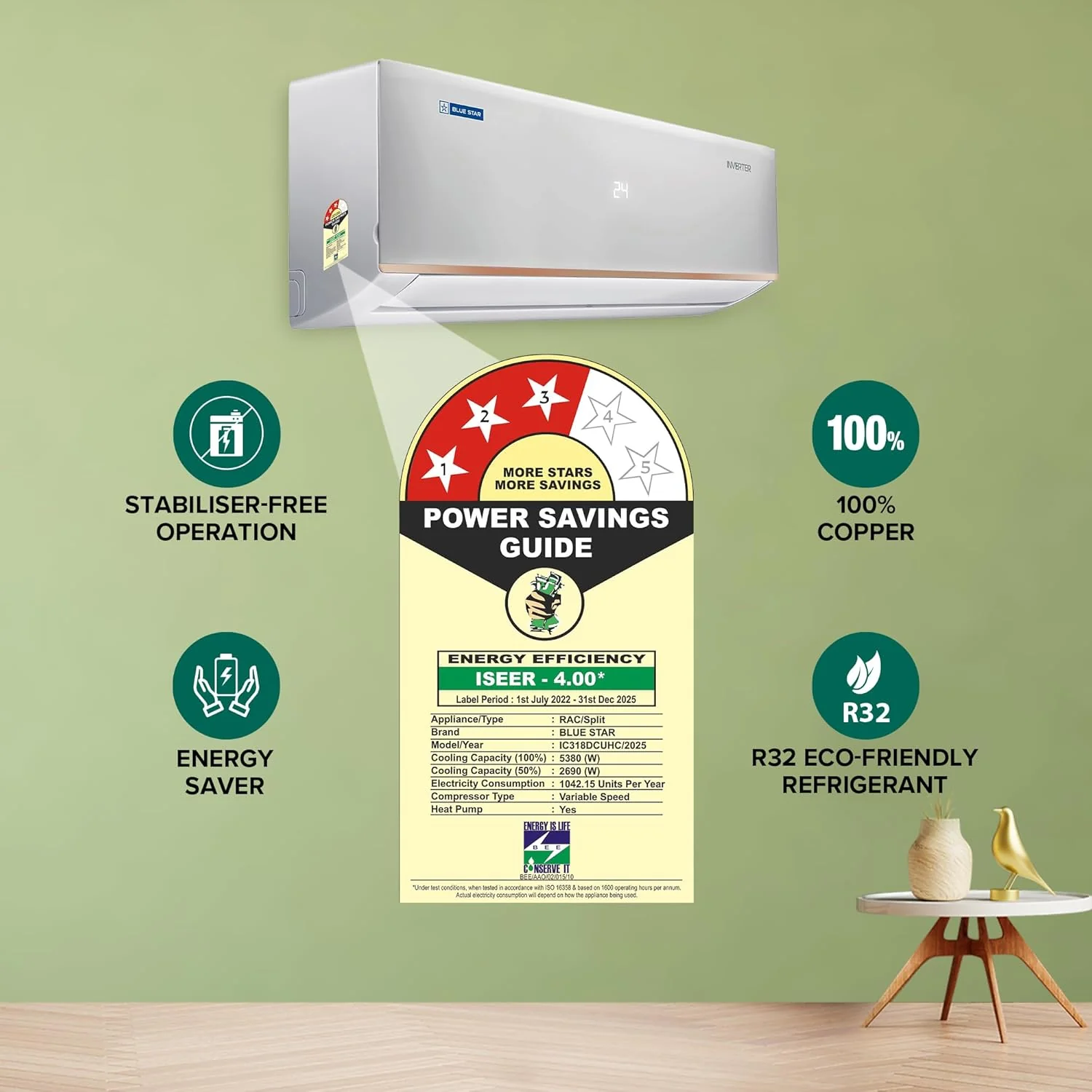 Blue Star 1.5 Ton 3 Star Hot and Cold Inverter Split AC (Copper,Convertible 5 in 1 Cooling, Smart Ready, AI Pro, Multi Sensors, Dust Filter, Blue Fins, Self Diagnosis, IC318DCUHC, White) - Image 3