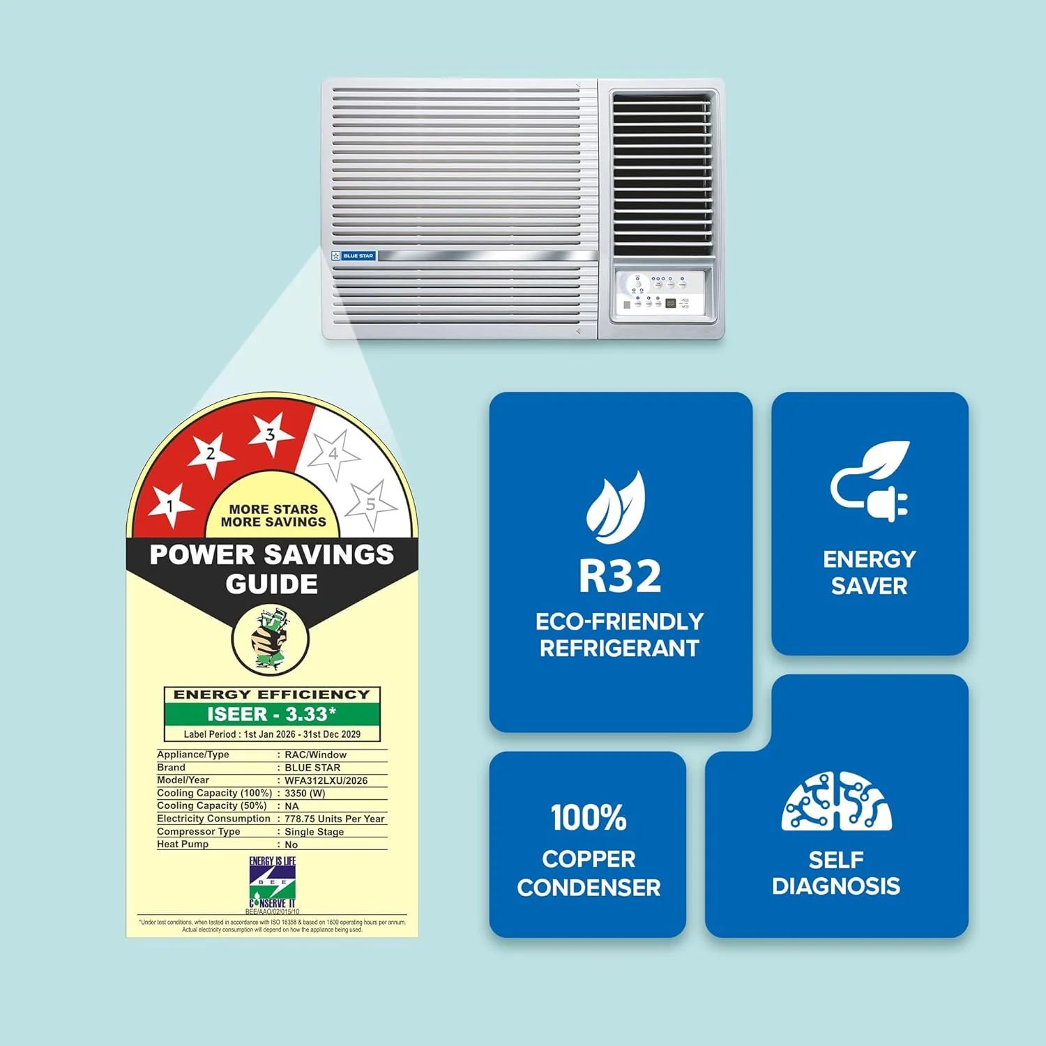 Blue Star 1 Ton 2 Star, Window AC (Copper, 2 Way Swing, Multi Sensors, Blue Fins, Self Diagnosis, WFA312LXU, White) - Image 2