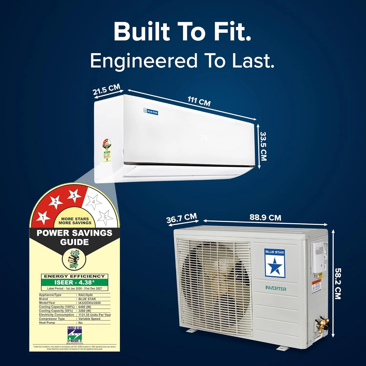 Blue Star 2 Ton 3 Star, New Star Rated, Smart Inverter Split AC (Copper,4-Way Swing, DigiQ Hepta Sensor, Blue Fins,Turbo Cool, Self Clean Technology (IA322DXU, White) - Image 2