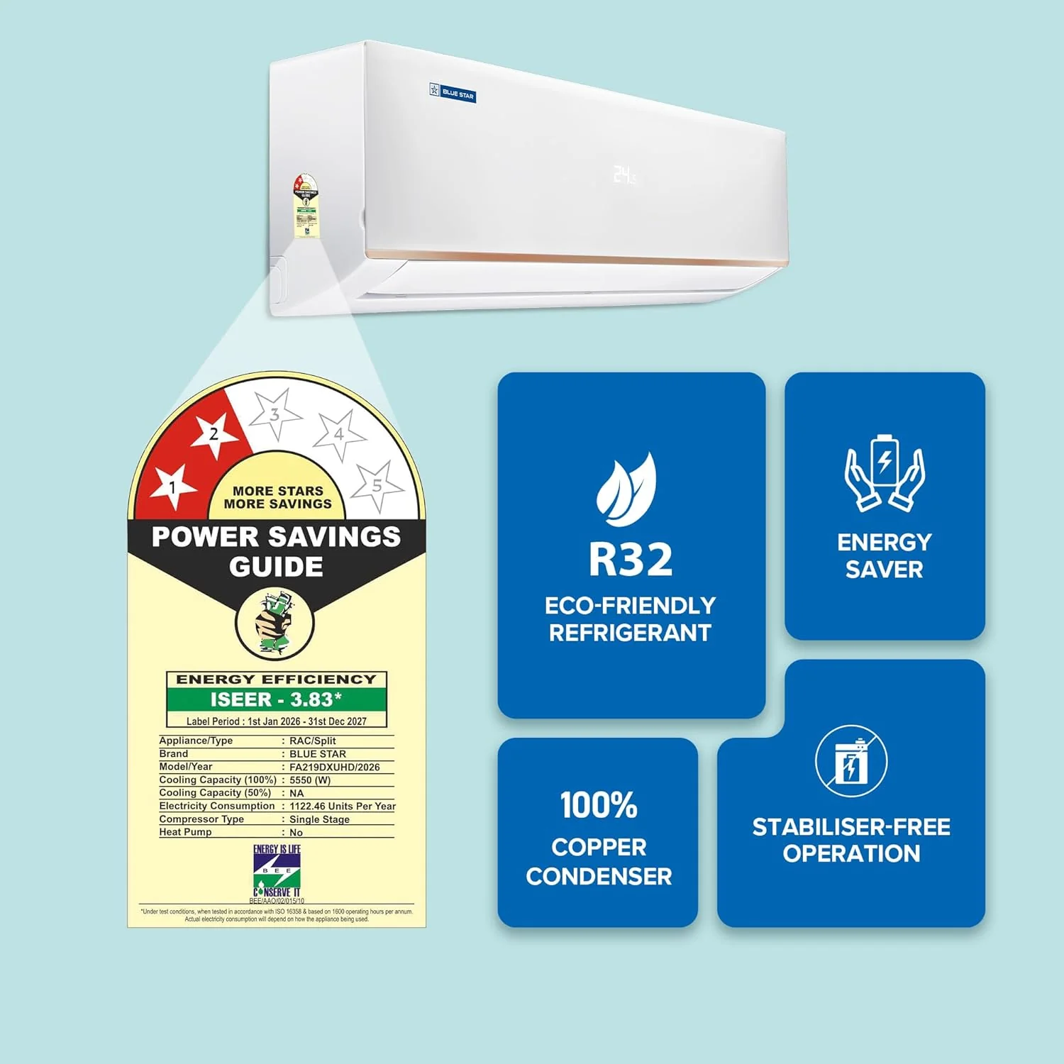 Blue Star FA219DXUHD 1.6 Ton 2 Star Fixed Speed Split AC, Copper Condenser, 4-Way Swing, Turbo Cool (2026) - Image 2