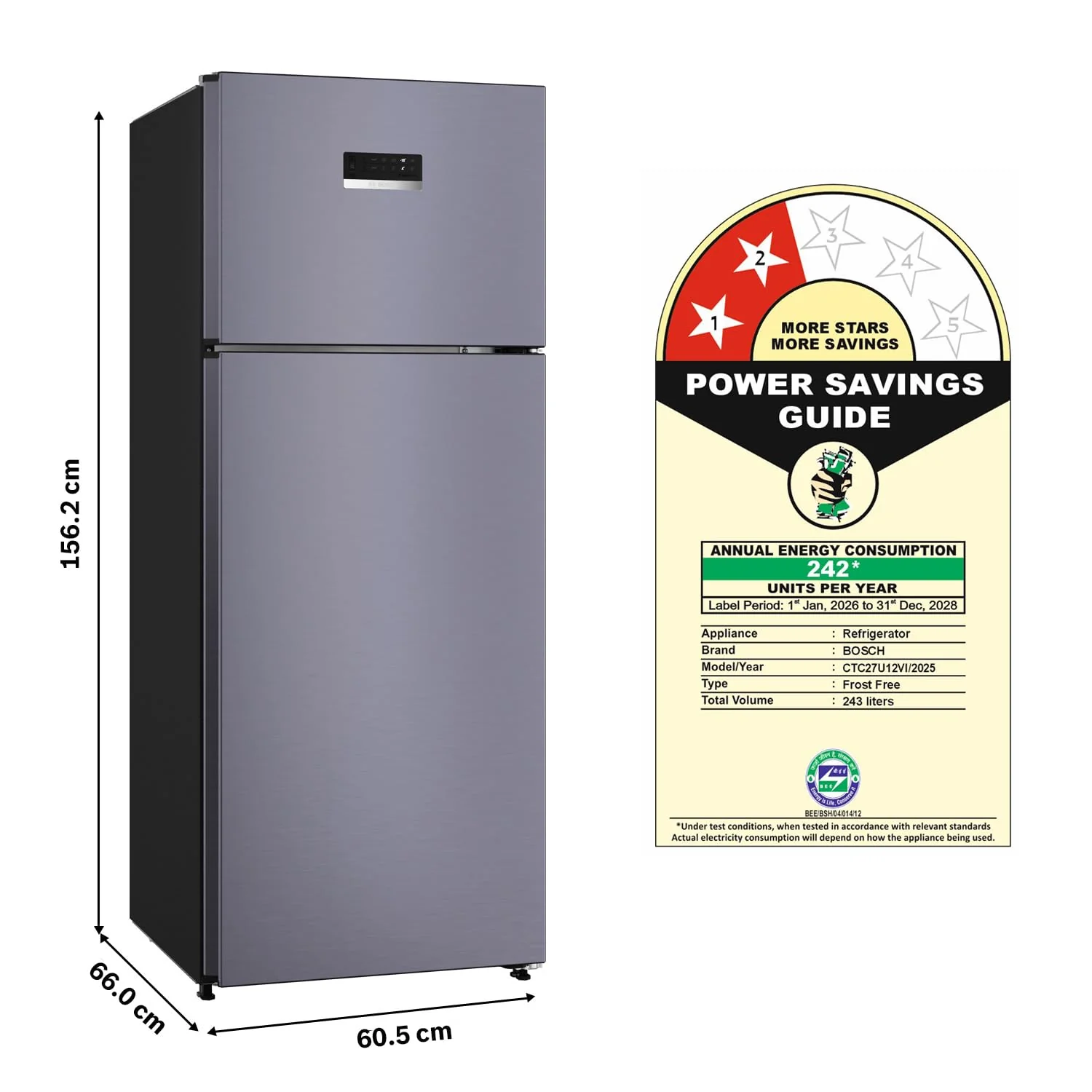 Bosch 243L, 2 Star, Frost Free Double Door Refrigerator | 6-in-1 Convertible Modes | 80min Convert | Touch Panel | Extend Cool up to 18 hrs | SuperFreeze (CTC27U12VI, Dark Lake, 2026) - Image 3