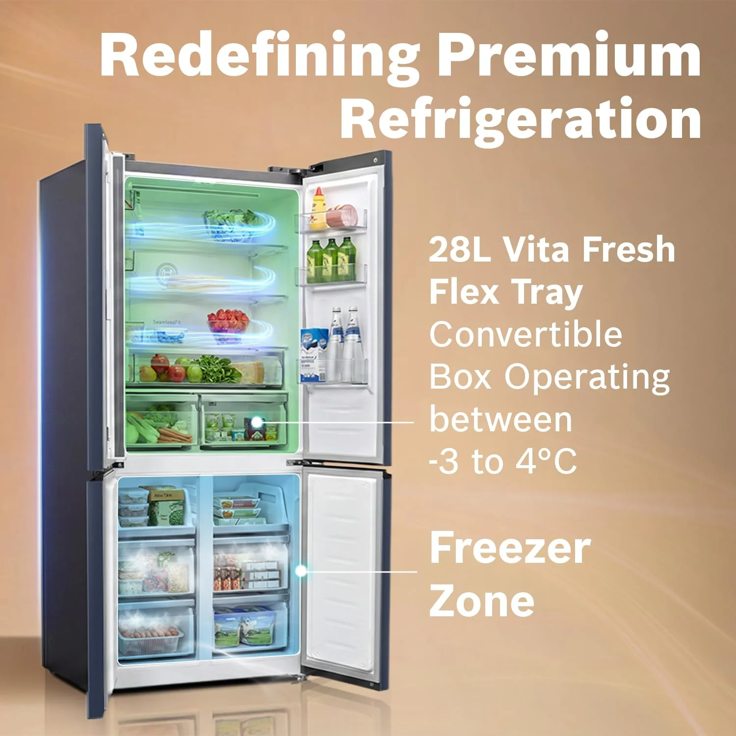 Bosch 503L, 3 Star, Frost Free 4 Door Side-by-Side Refrigerator with Perfect fit technology,Zero Gap, Prevents wall collision,VitaFresh Plus Technology(2026 Model, KCP88E256I, Dark Lake Metal) - Image 9