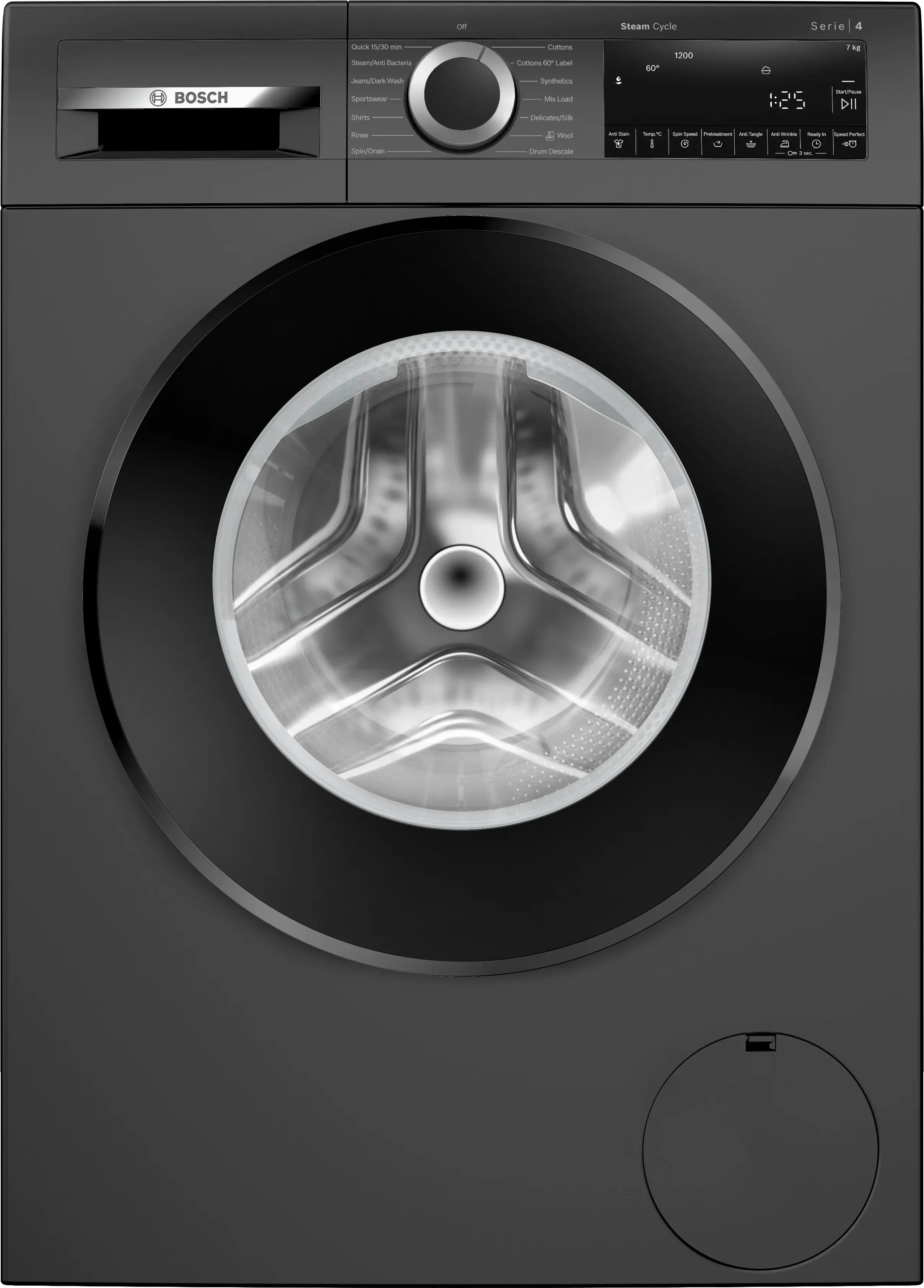 Bosch 7 kg 5 Star Series 4 Front Load Fully-Automatic Washing Machine, AI Active Water, 15 Wash Programs, Removes 99.9% Germs with Steam, No Tangle or Wrinkle, SoftCare Paddle, Black, WGA12208IN