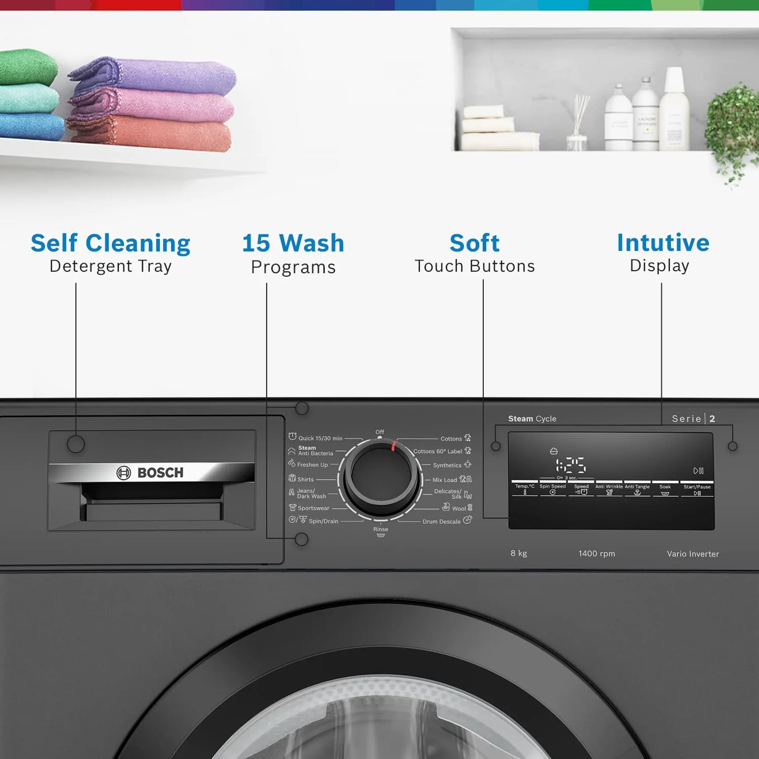 Bosch 8 kg, 5 Star, Anti Stain & AI Active Water+ Fully Automatic Front Loading Washing Machine (WAJ2826DIN, Steam with Anti-Bacteria, Anti-tangle, Anti-Wrinkle, In-Built Heater, Black Grey) - Image 8