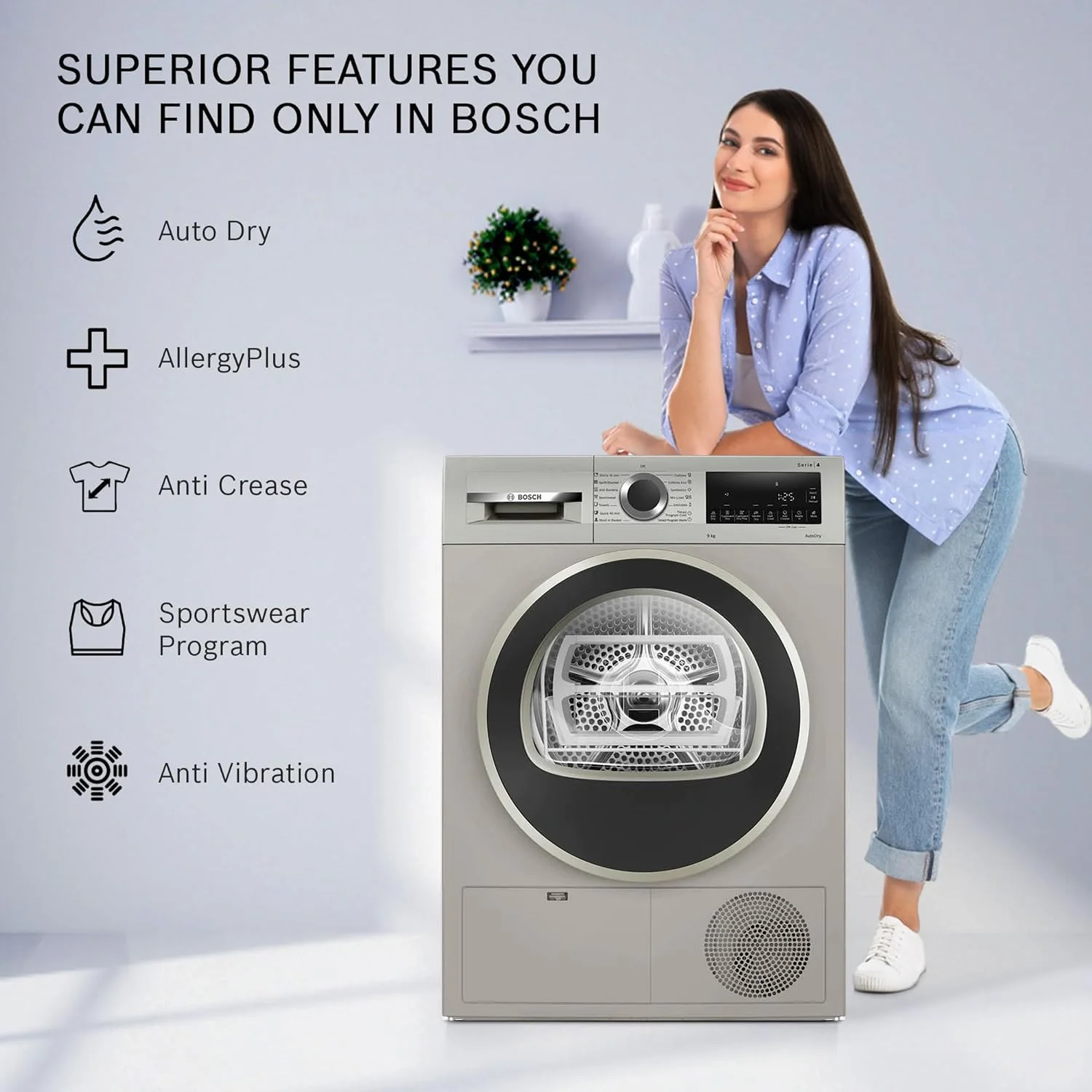 Bosch 9 kg Fully Automatic Front load Condenser Tumble Dryer WPG24108IN, Silver, Inbuilt Heater) - Image 6