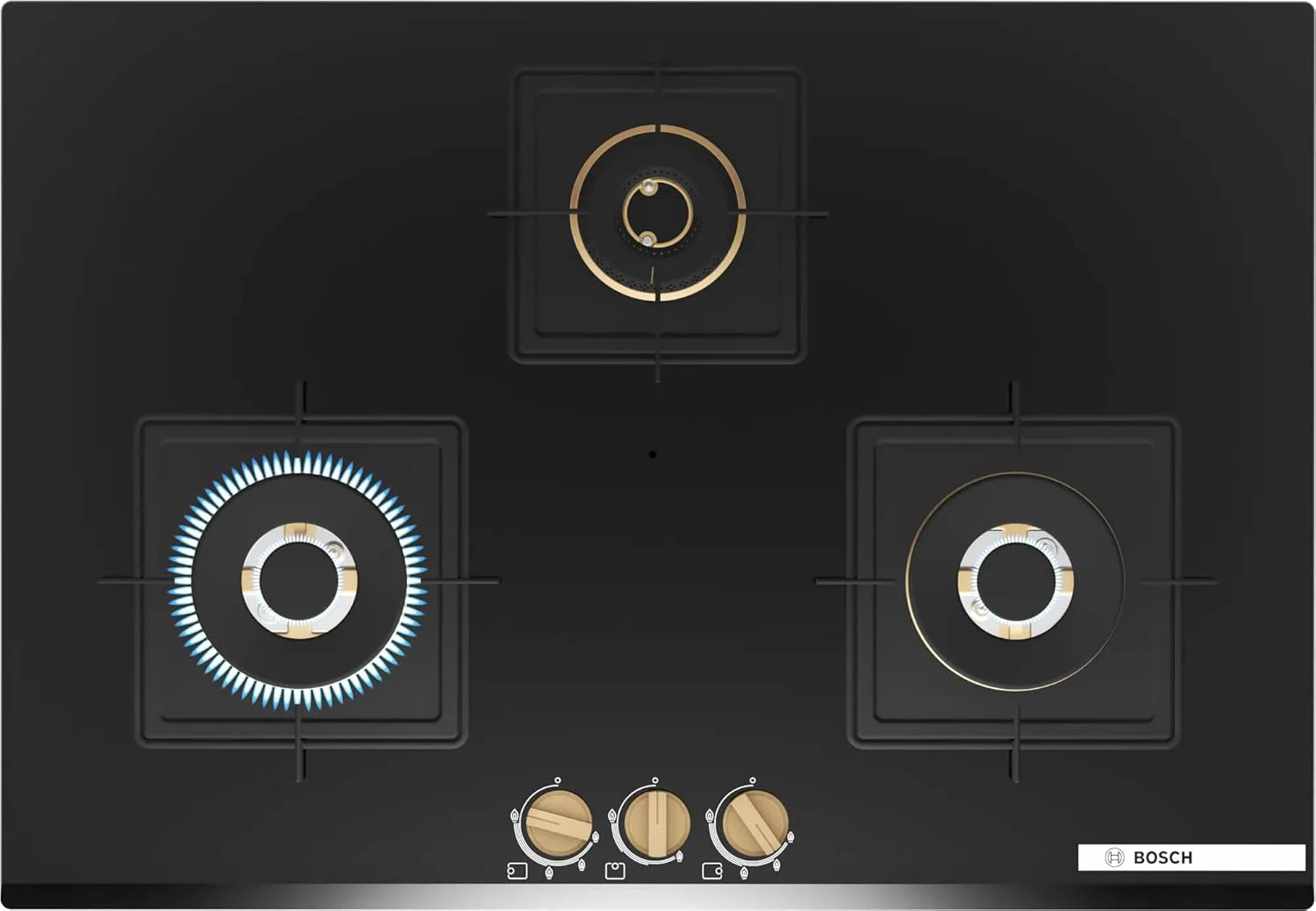 Bosch Built in Gas Hob Black Tempered glass Glass 3 Burner Auto Ignition 75 cm Full Brass 3D Ring Burners with Matt Black Heat Shields & Cast Iron pan supports (PND7B6G20I) - Image 2