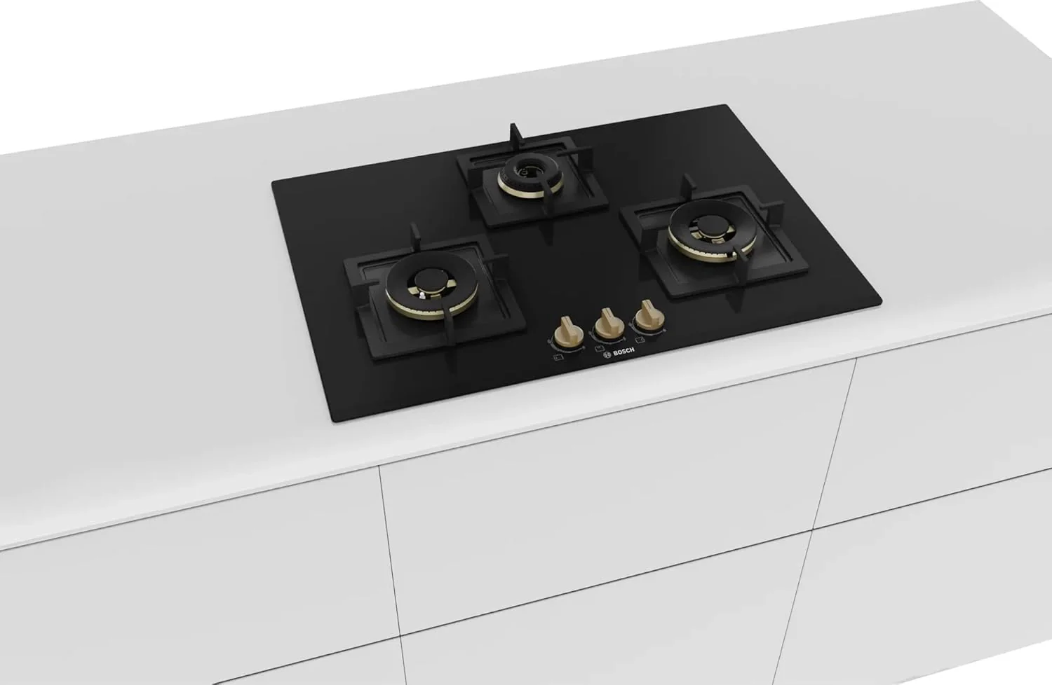 Bosch Built in Gas Hob Black Tempered glass Glass 3 Burner Auto Ignition 75 cm True Brass 2D Ring Burners with Matt Black Heat Shields & Cast Iron pan supports (PND7B6F20I) - Image 3