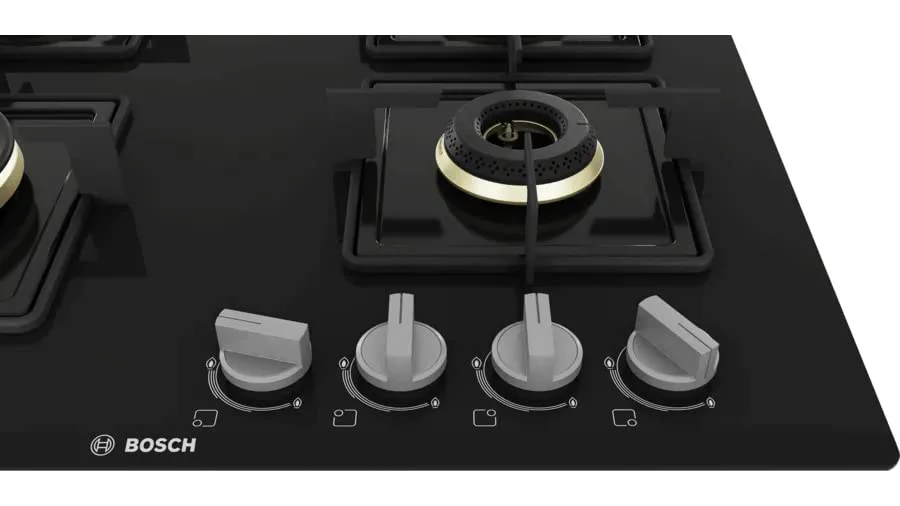 Bosch Built in Gas Hob Black Tempered glass Glass 4 Burner Auto Ignition 60 cm True Brass 2D Ring Burners with Glossy Black Heat Shields & Enameld pan supports (PNH6B6F10I) - Image 3