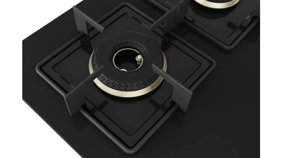 Bosch Built in Gas Hob Black Tempered glass Glass 4 Burner Auto Ignition 60 cm True Brass 2D Ring Burners with Glossy Black Heat Shields & Enameld pan supports (PNH6B6F10I) - Image 5