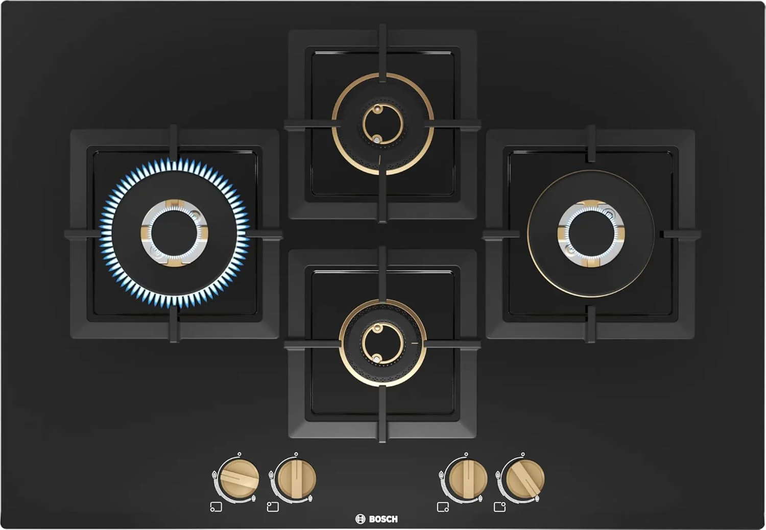 Bosch Built in Gas Hob Black Tempered glass Glass 4 Burner Auto Ignition 75 cm True Brass 2D Ring Burners with Matt Black Heat Shields & Cast Iron pan supports (PNI7B6F20I) - Image 2
