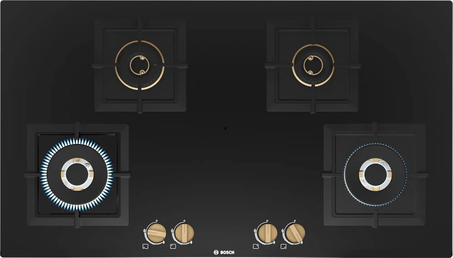 Bosch Built in Gas Hob Black Tempered glass Glass 4 Burner Auto Ignition 90 cm Full Brass 3D Ring Burners with Matt Black Heat Shields & Cast Iron pan supports (PNF9B6G20I) - Image 2
