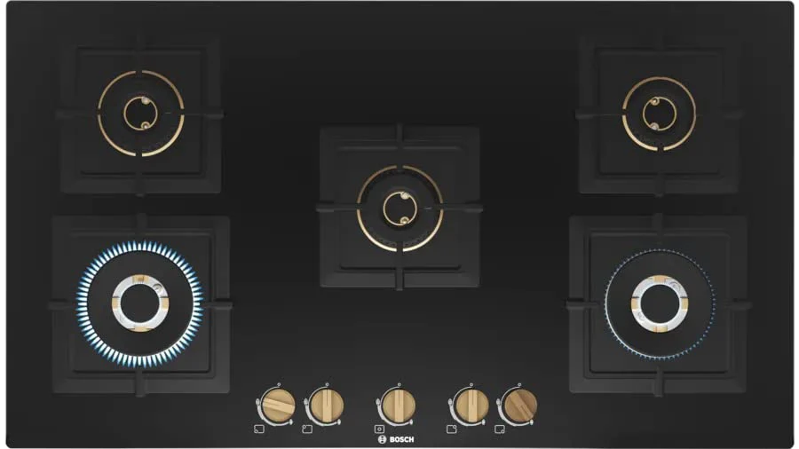 Bosch Built in Gas Hob Black Tempered glass Glass 5 Burner Auto Ignition 90 cm True Brass 2D Ring Burners with Matt Black Heat Shields & Cast Iron pan supports (PNV9B6F20I)
