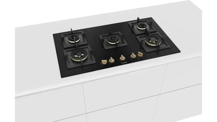 Bosch Built in Gas Hob Black Tempered glass Glass 5 Burner Auto Ignition 90 cm True Brass 2D Ring Burners with Matt Black Heat Shields & Cast Iron pan supports (PNV9B6F20I) - Image 5