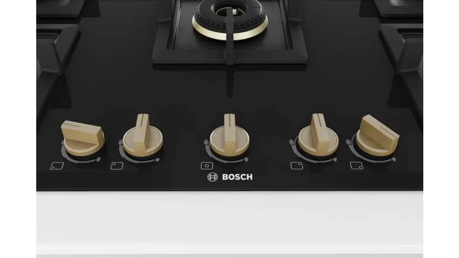 Bosch Built in Gas Hob Black Tempered glass Glass 5 Burner Auto Ignition 90 cm True Brass 2D Ring Burners with Matt Black Heat Shields & Cast Iron pan supports (PNV9B6F20I) - Image 6