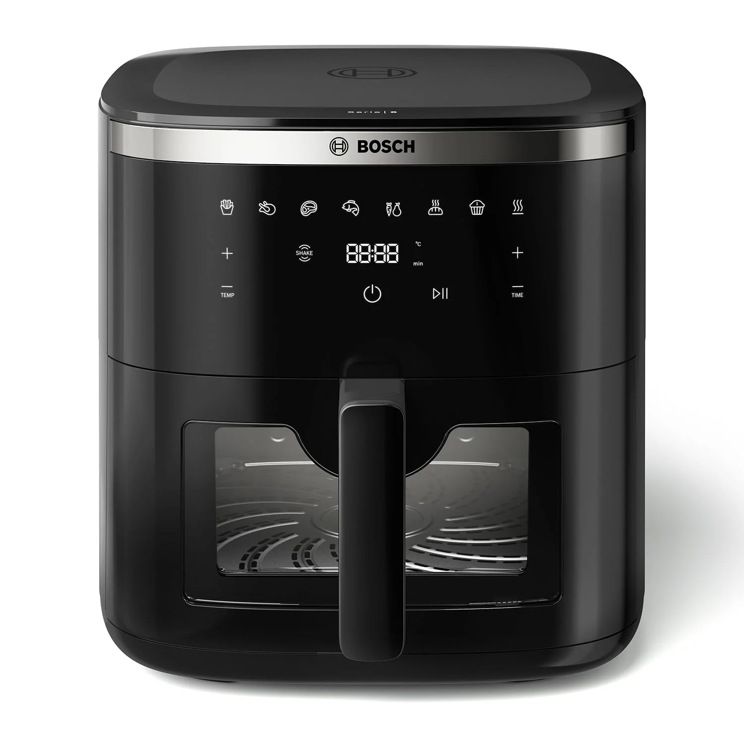 Bosch Crispmaxx Air Fryer 7.2L with baking tray, With Touch Panel,7 Presets menus,Illuminated Viewing Window, Shake Alarm,MAF671B5IN,Black