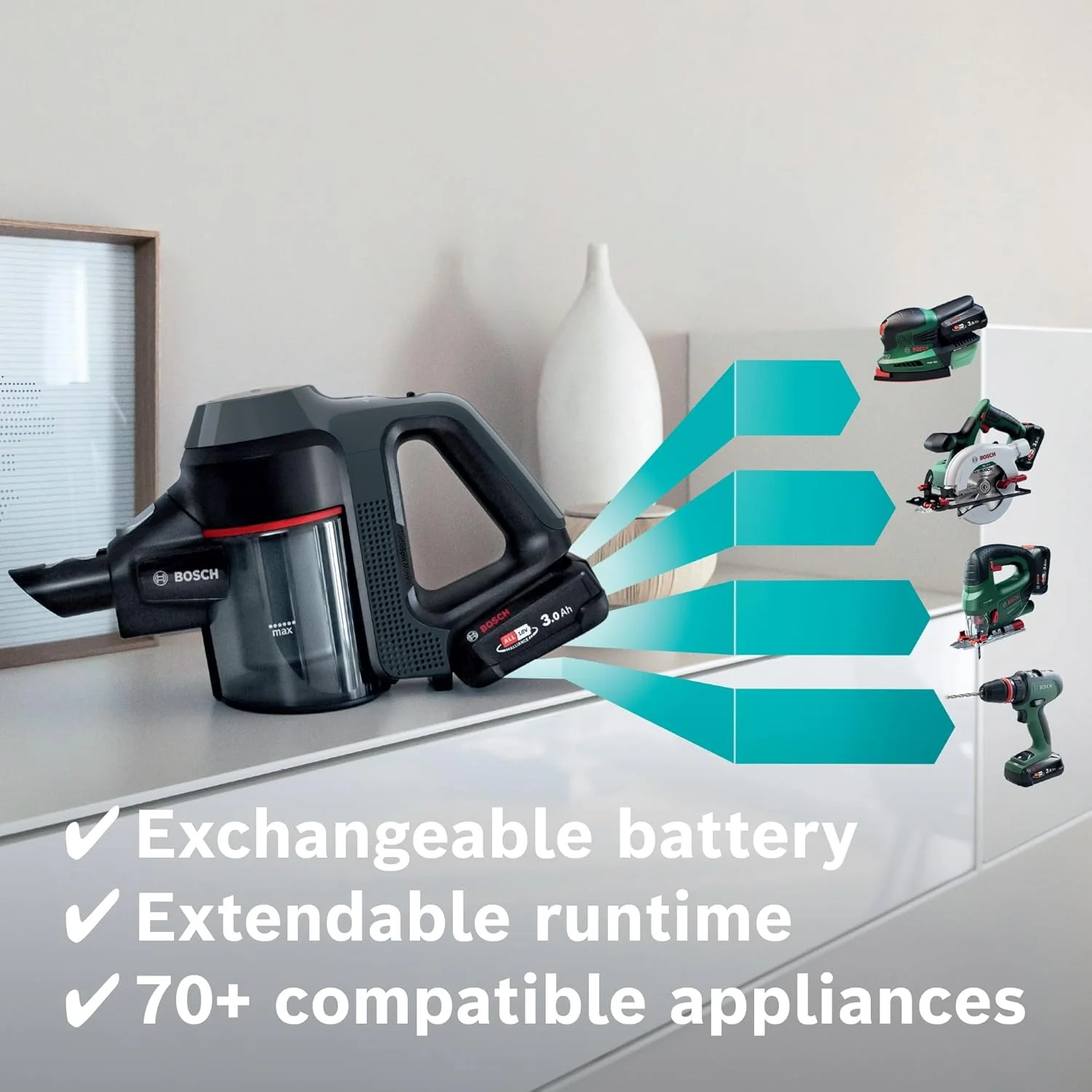 Bosch Unlimited 7 Cordless Vacuum Cleaner with Rechargeable 3.0 Ah Battery and FlexTube, LED Lighting, 10-Year Motor Warranty, in Graphite - Image 13