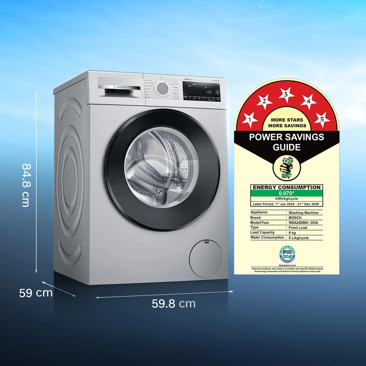 Bosch WGA242ISIN 9 Kg 5 Star Front Load Fully Automatic Washing Machine, AI ActiveWater Plus, Auto Dosing, 1200 RPM - Image 8
