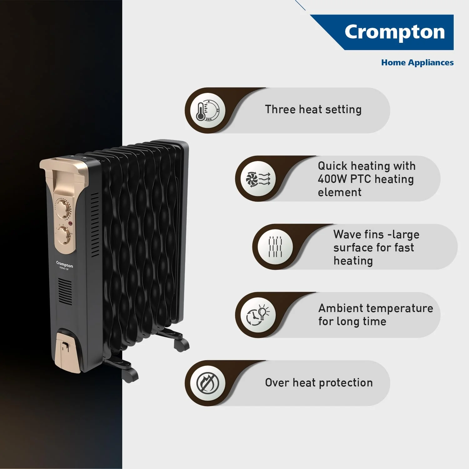 Crompton 09 Fin Insta Ferver wave Fin OFR (Oil Filled Radiator)|Room Heater|2400 W|3 Heat Settings &amp; PTC Fan Heater|Over heat &amp; Tilt protection |360° Heating (Black)|2yrs warranty|Black &amp; Copper - Image 5
