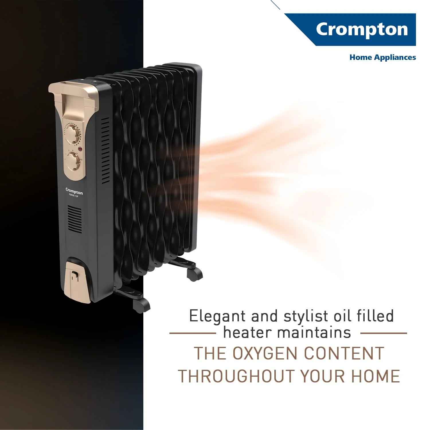 Crompton 09 Fin Insta Ferver wave Fin OFR (Oil Filled Radiator)|Room Heater|2400 W|3 Heat Settings &amp; PTC Fan Heater|Over heat &amp; Tilt protection |360° Heating (Black)|2yrs warranty|Black &amp; Copper - Image 6