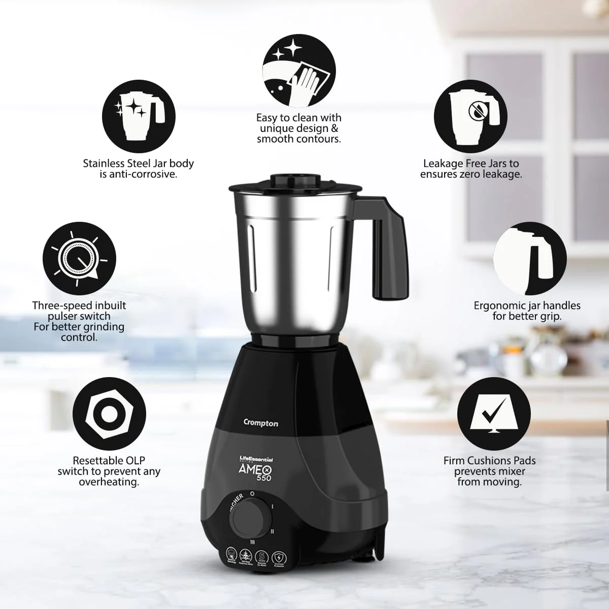 Crompton Ameo 550-Watt Mixer Grinder with MaxiGrind and Motor Vent-X Technology (4 Stainless Steel Jars, Black &amp; BLue) - Image 7