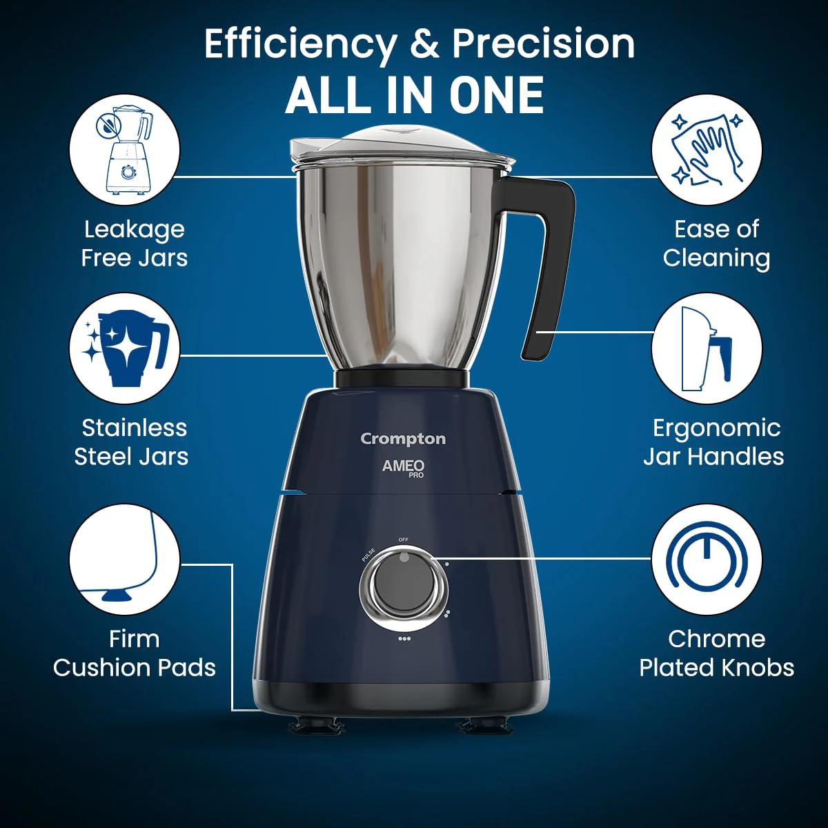 Crompton Ameo Pro 750W 4 Jar | Mixer Grinder | MaxiGrind | Motor Vent-X Technology |3 Stainless Steel Jars and 1 Juicer Jar | Black &amp; Blue - Image 4