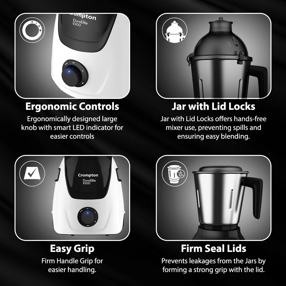 Crompton Duroelite 1000 watts 3 jar | Mixer Grinder | 100% copper motor | Ball bearing | Metal jar base | LED speed indicator | Lid lock design | Black and white - Image 4