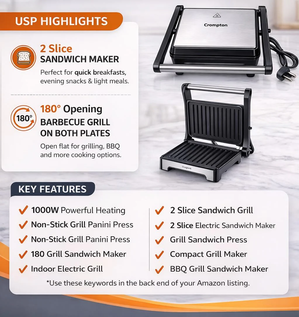 Crompton MaxCrisp 2S 1000W Grill Sandwich Maker with Non-Stick Plates & 2 Slice Capacity - Image 5