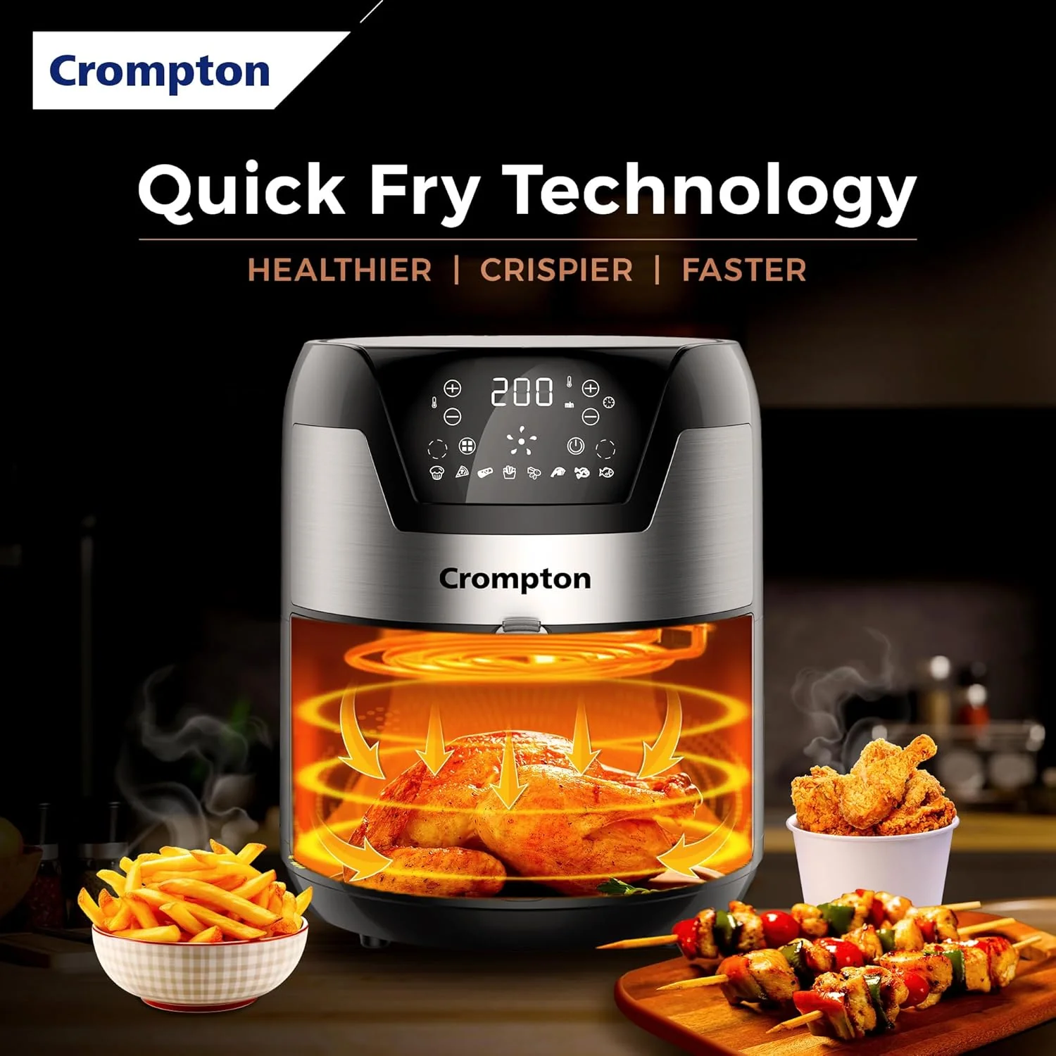Crompton NourisPro DG 4.5 Ltr Digital Air Fryer with Quick Fry Technology | 1500 Watts | Double Inner Bowl for Easy Cleaning | 8 Indian Preset Menus | Free Accessories - Image 4