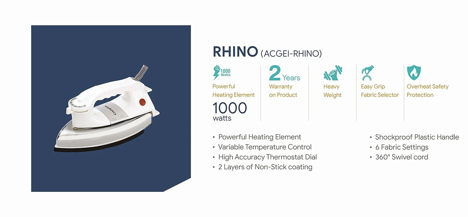 Crompton Rhino 1000-Watt Heavy weight Dry Iron with Non Stick Teflon Coating (White/Silver) - Image 3