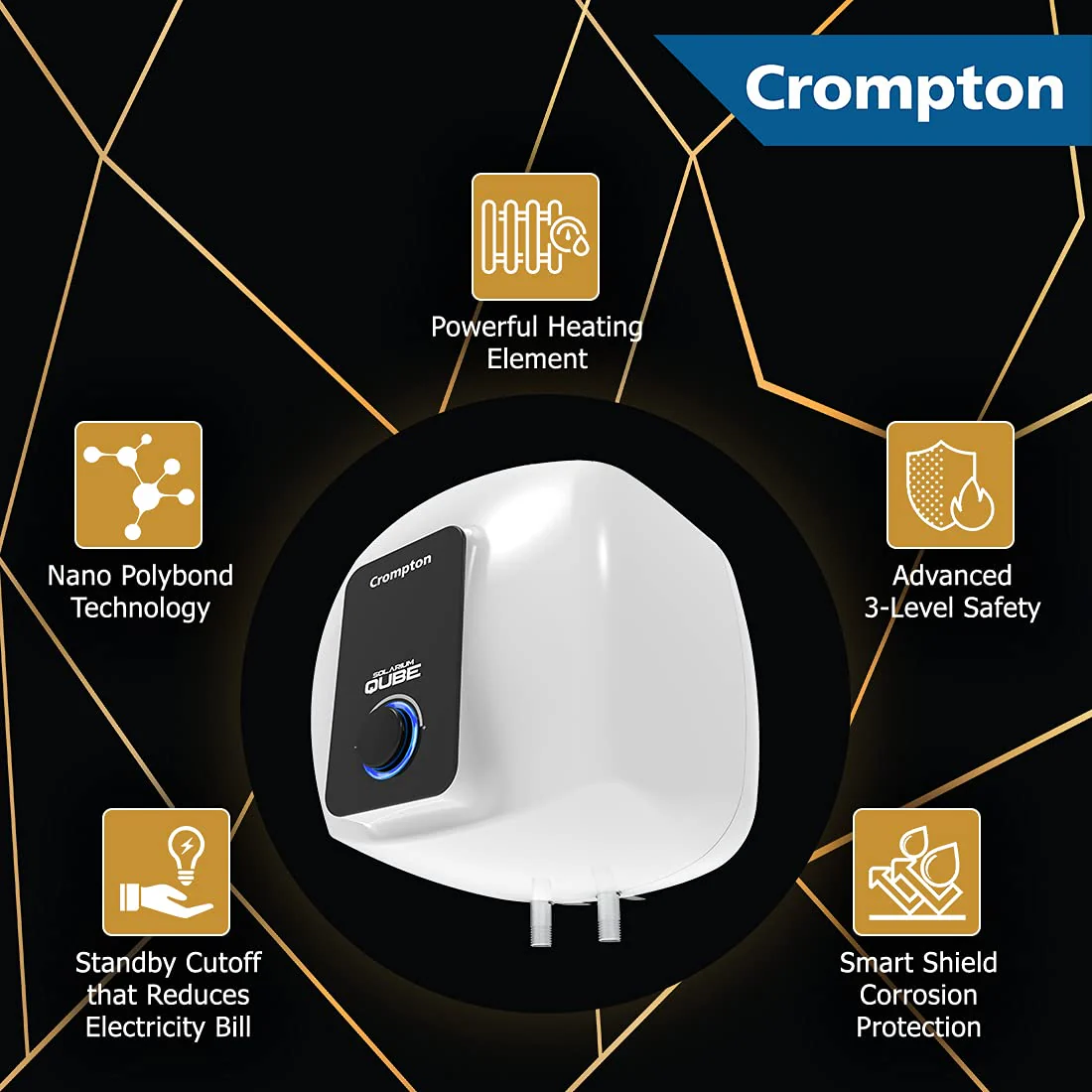 Crompton Solarium Qube 25-L 5 Star Rated Storage Water Heater (Geyser) with Free Installation and Connection Pipes (White and Black), Wall Mounting - Image 3