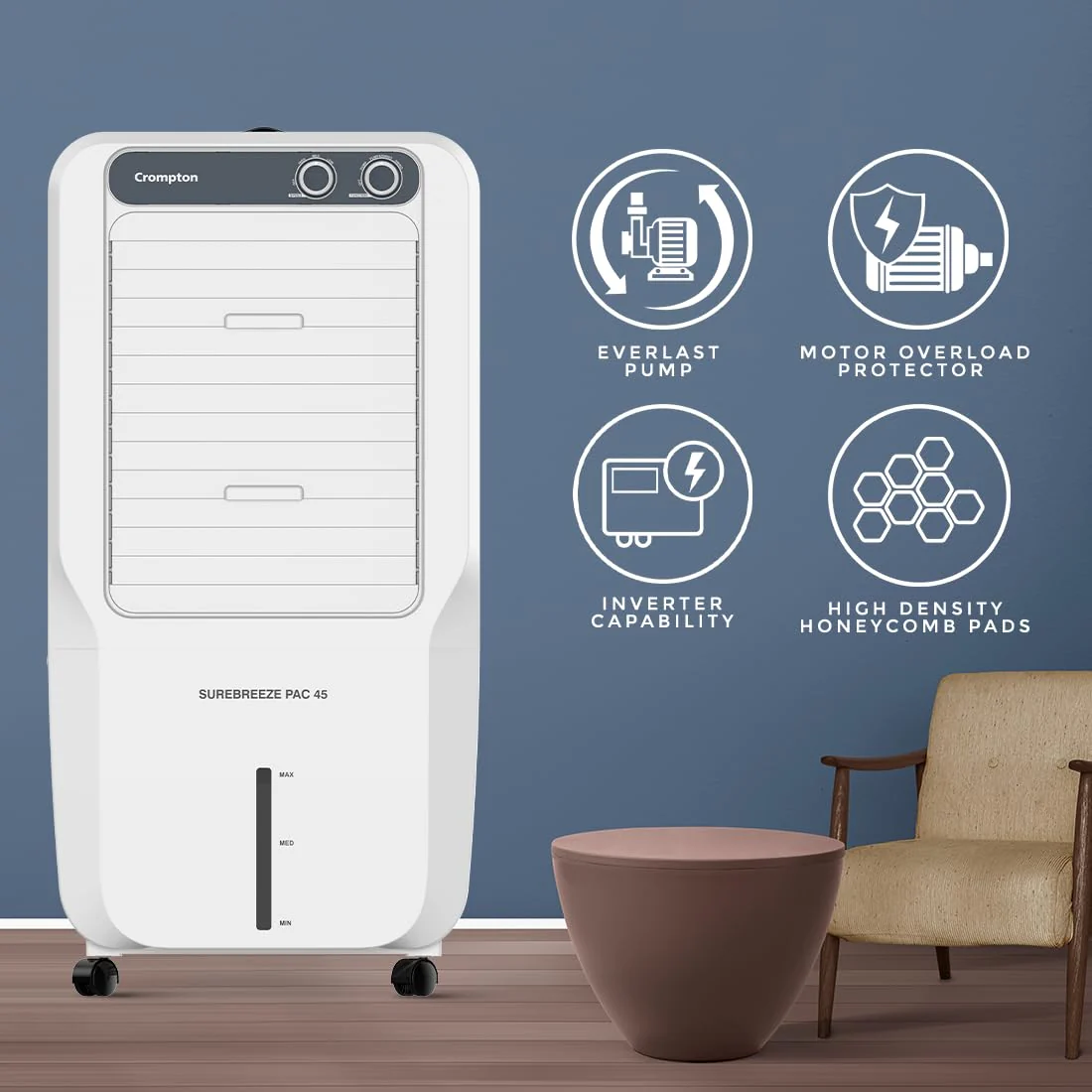 Crompton Surebreeze 45L Personal Air Cooler | Auto Fill | 4-Way Air Deflection - Image 4