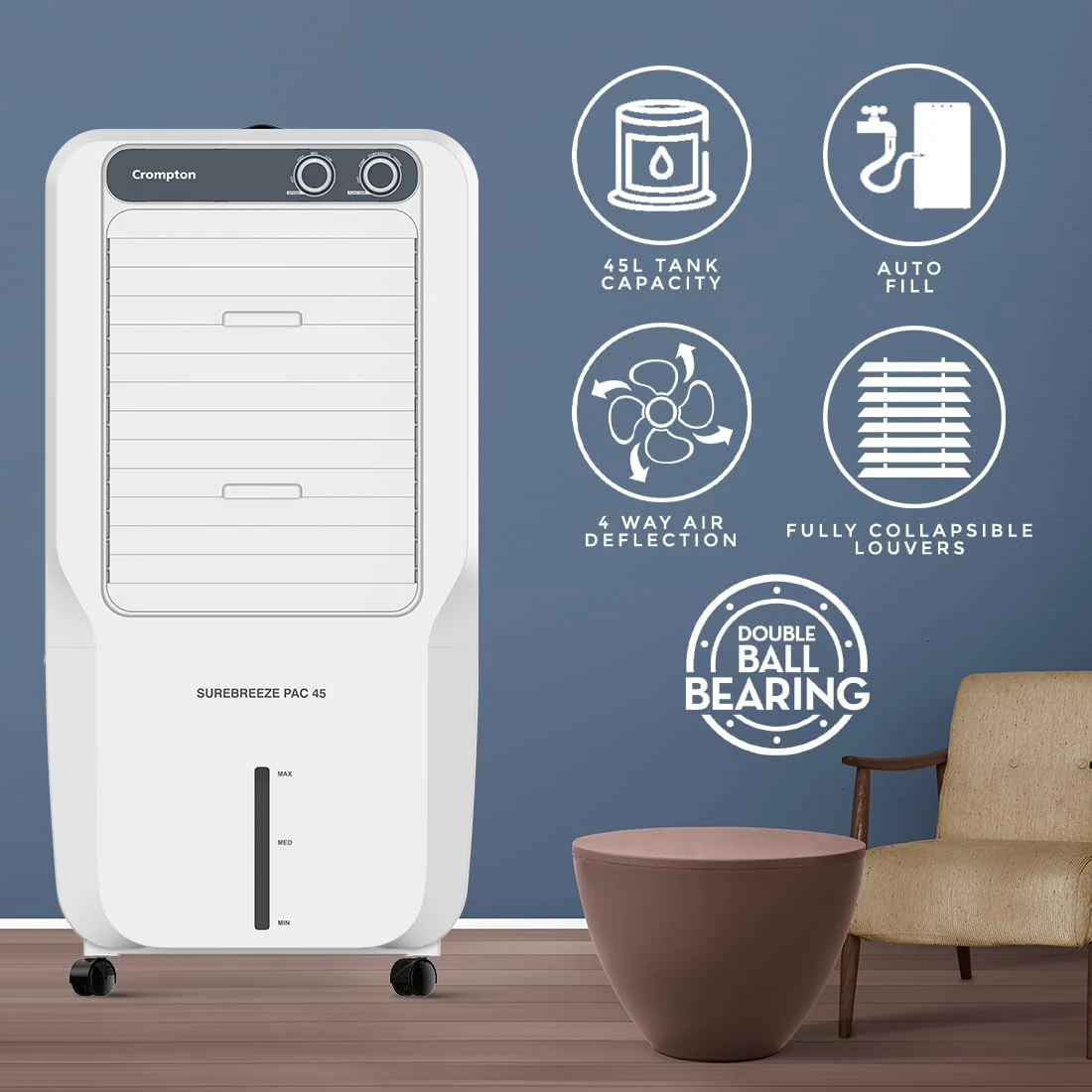 Crompton Surebreeze 45L Personal Air Cooler | Auto Fill | 4-Way Air Deflection - Image 5