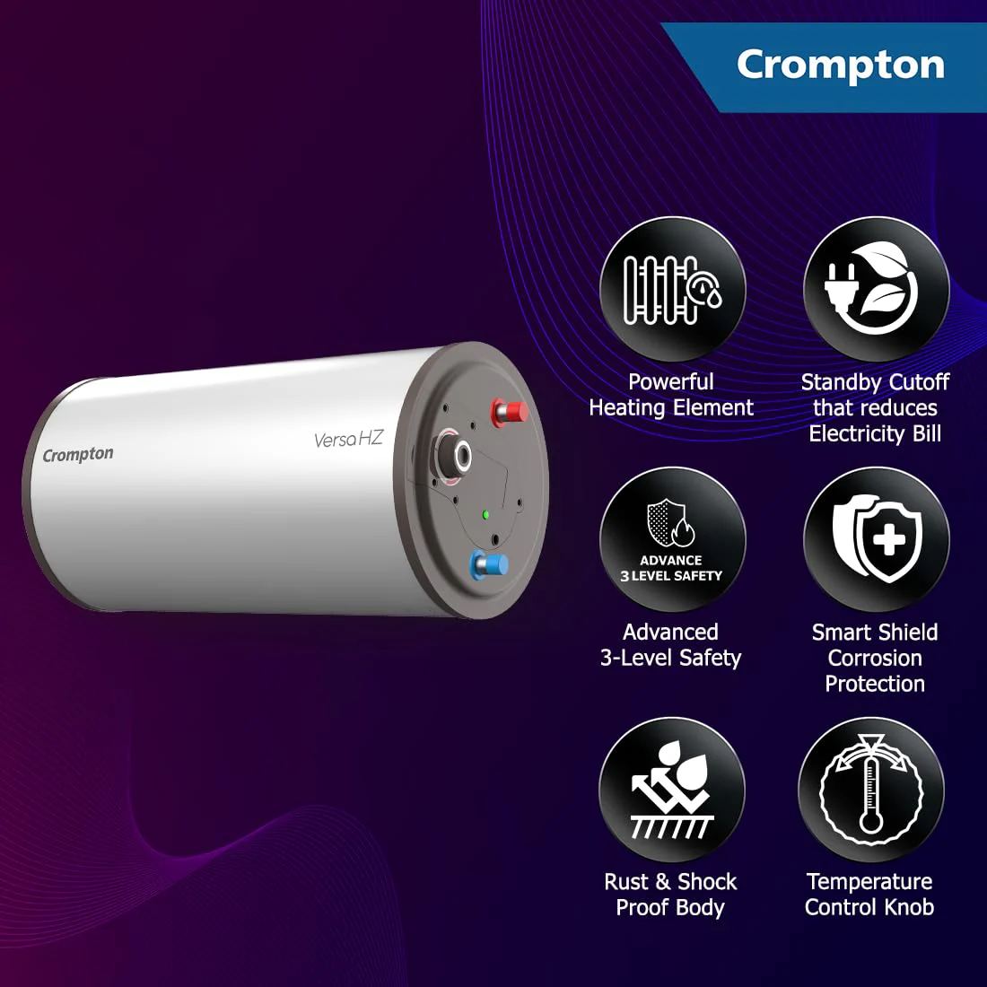 Crompton Versa Horizontal RHS 15L Storage Water Heater (Geyser) with Rust Proof Plastic body and Superior Glassline Coating, Fits under false ceilings, 8 Bar pressure rating and 7yr Tank warranty - Image 5