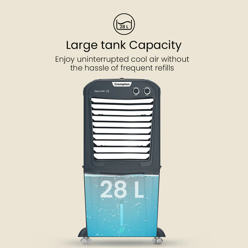 Crompton Zelus DAC 30L Portable Air Cooler, Grey | Honeycomb Pads, Ice Chamber, 4-Way Air Flow, Inverter Compatible - Image 5