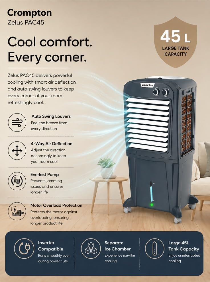 Crompton Zelus PAC45 45L Desert Air Cooler with 4-Way Air Deflection, Ice Chamber & Inverter Compatibility (Grey) - Image 8