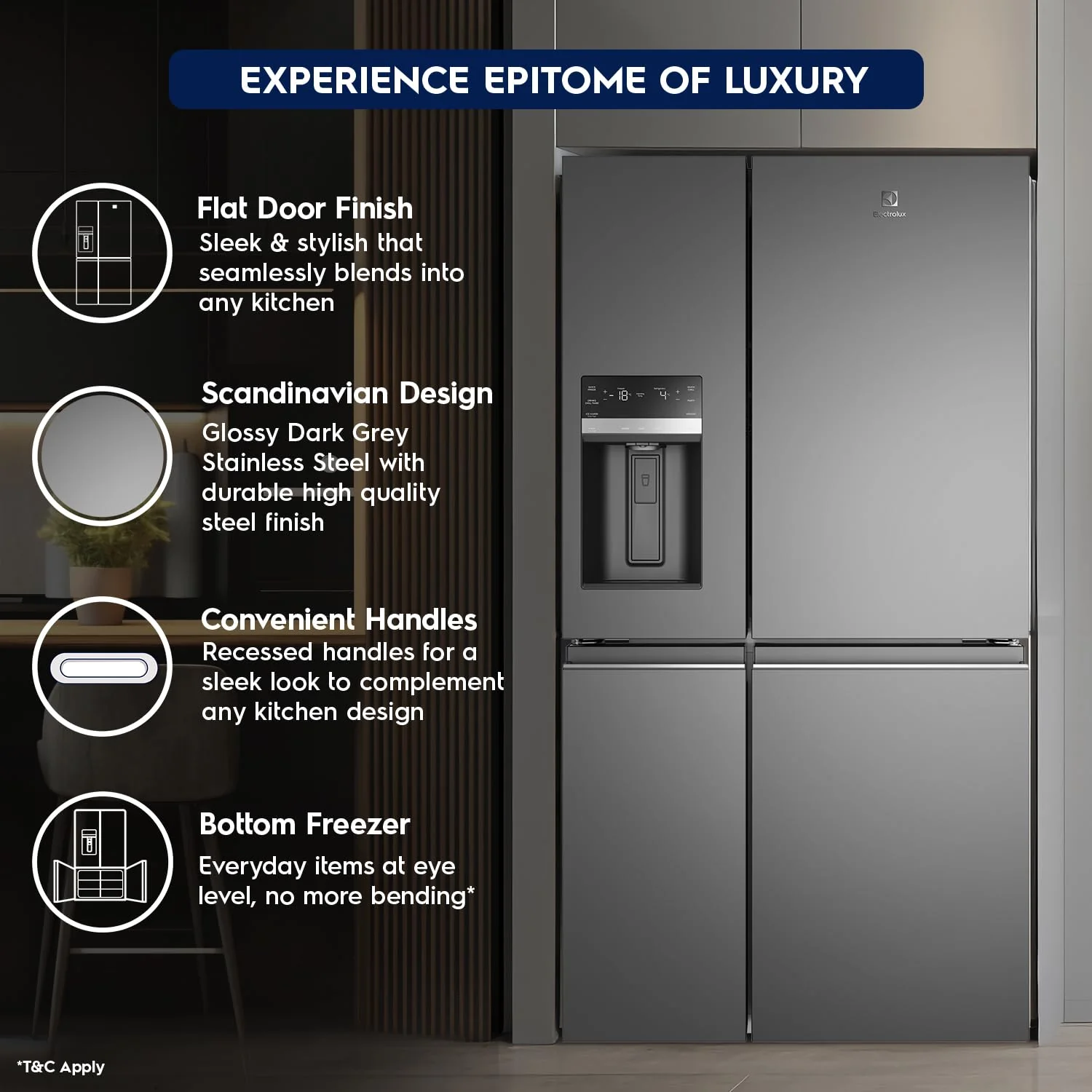 Electrolux 680L Frost Free Inverter French Door Refrigerator, TasteSealFlex, TwinTech Cooling System, Glossy Dark Grey Stainless Steel, UltimateTaste 900, EQE6879A-B - Image 3