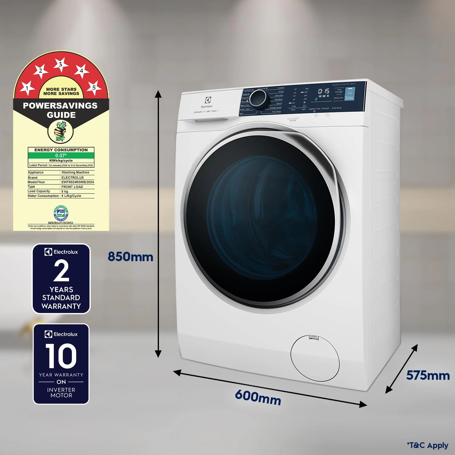 Electrolux 8kg 5 Star Fully Automatic Front Load Washing Machine with UltraMix, Full Load Vapour Wash for Sustainable Clothing, Hygienic Care, EcoInverter, White, UltimateCare 500, EWF8024R5WB - Image 2
