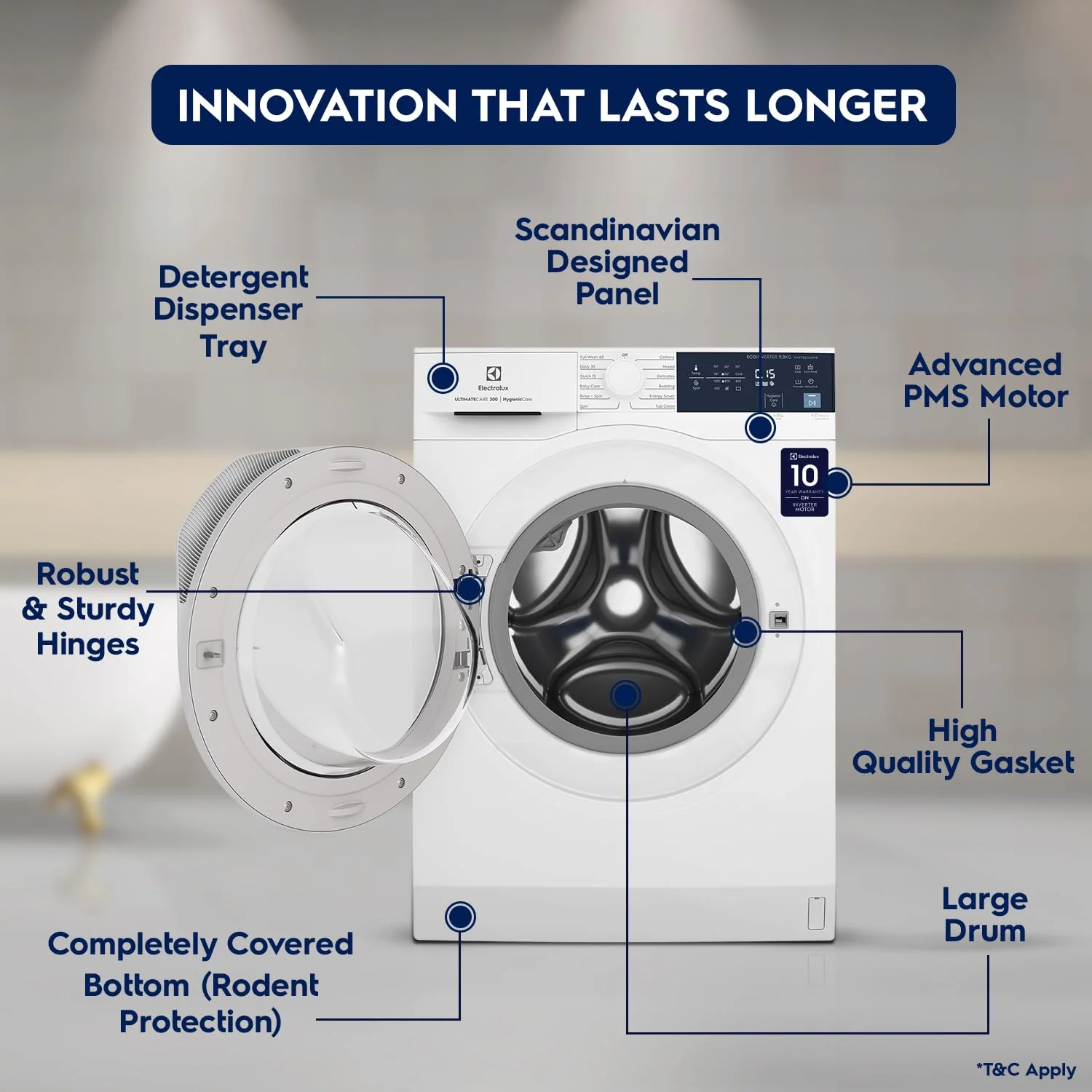 Electrolux 9kg 5 Star EcoInverter Fully Automatic Front Load Washing Machine, Full Load Vapour Wash for Sustainable Clothing, Hygienic Care, White, UltimateCare 300, EWF9024D3WB - Image 2