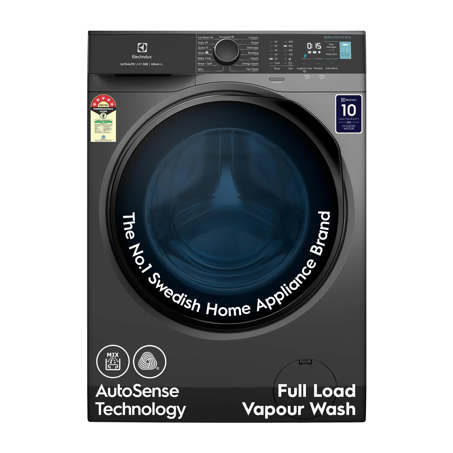 Electrolux 9kg 5 Star Fully Automatic Front Load Washing Machine with UltraMix, Full Load Vapour Wash for Sustainable Clothing, Hygienic Care, EcoInverter, Dark Silver, UltimateCare 500, EWF9024R5SB