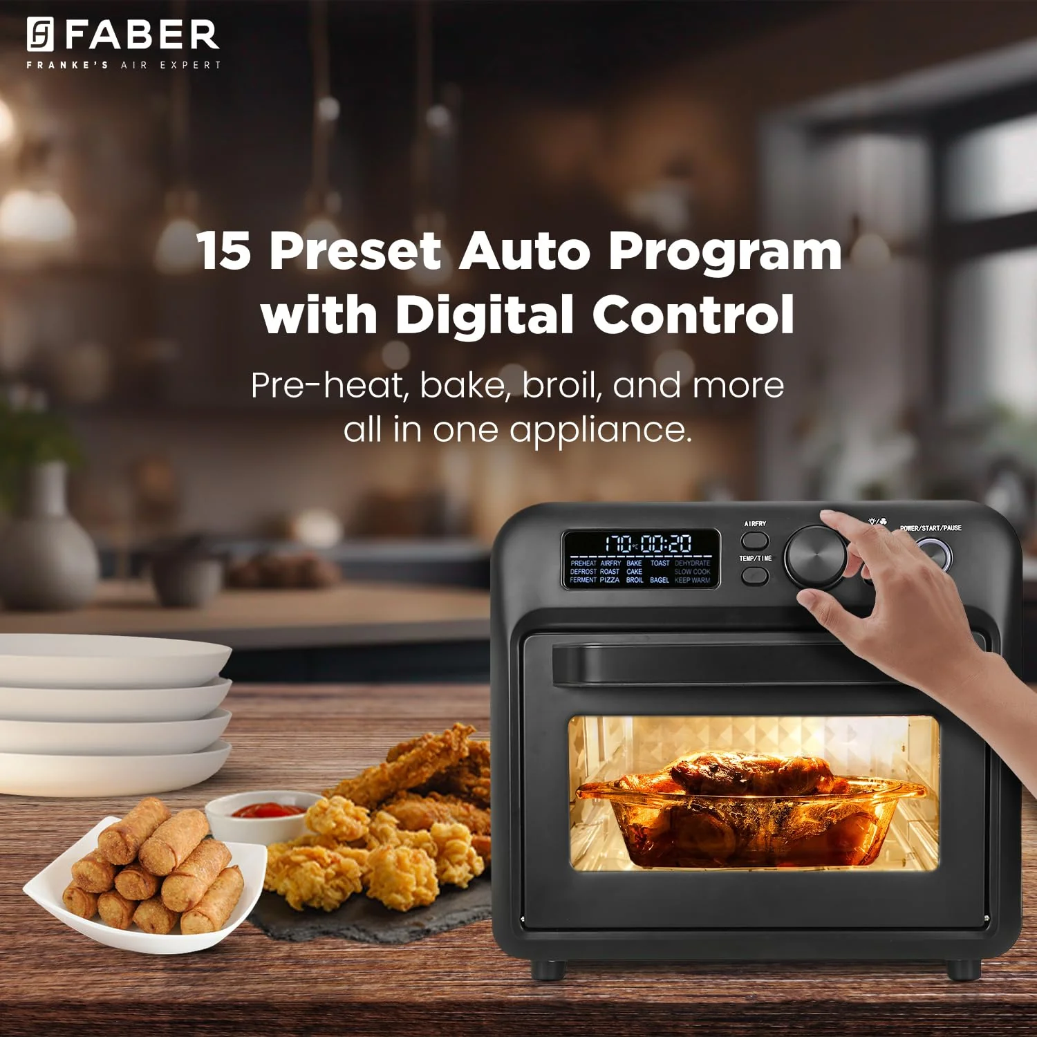 Faber Air Fryer Oven 20L,1500 Watts, Digital Control, Bake Tray, SS Wire Tray & Basket, Crumb Tray, | 15 Preset Auto Program | Bake,Roast,Fry,Toast,Defrost | FAO 20L BK 15DF - Image 3