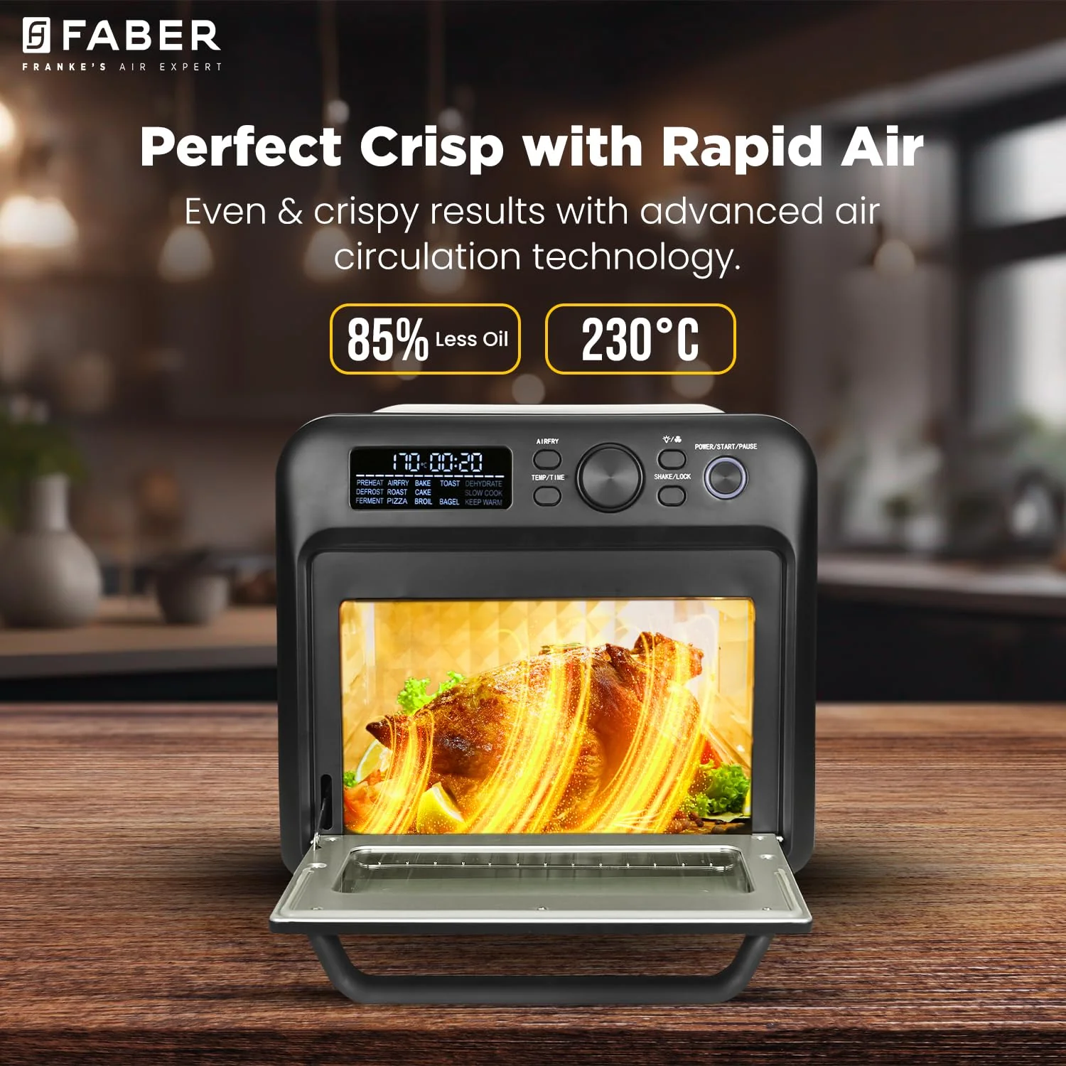 Faber Air Fryer Oven 20L,1500 Watts, Digital Control, Bake Tray, SS Wire Tray & Basket, Crumb Tray, | 15 Preset Auto Program | Bake,Roast,Fry,Toast,Defrost | FAO 20L BK 15DF - Image 4