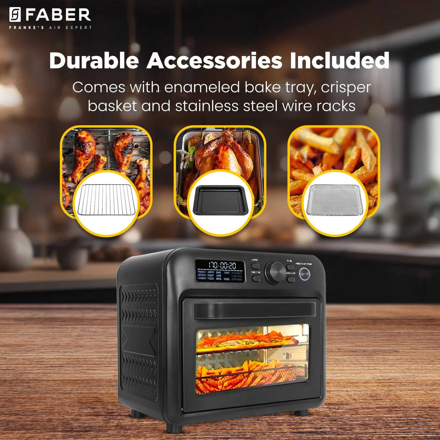 Faber Air Fryer Oven 20L,1500 Watts, Digital Control, Bake Tray, SS Wire Tray & Basket, Crumb Tray, | 15 Preset Auto Program | Bake,Roast,Fry,Toast,Defrost | FAO 20L BK 15DF - Image 5